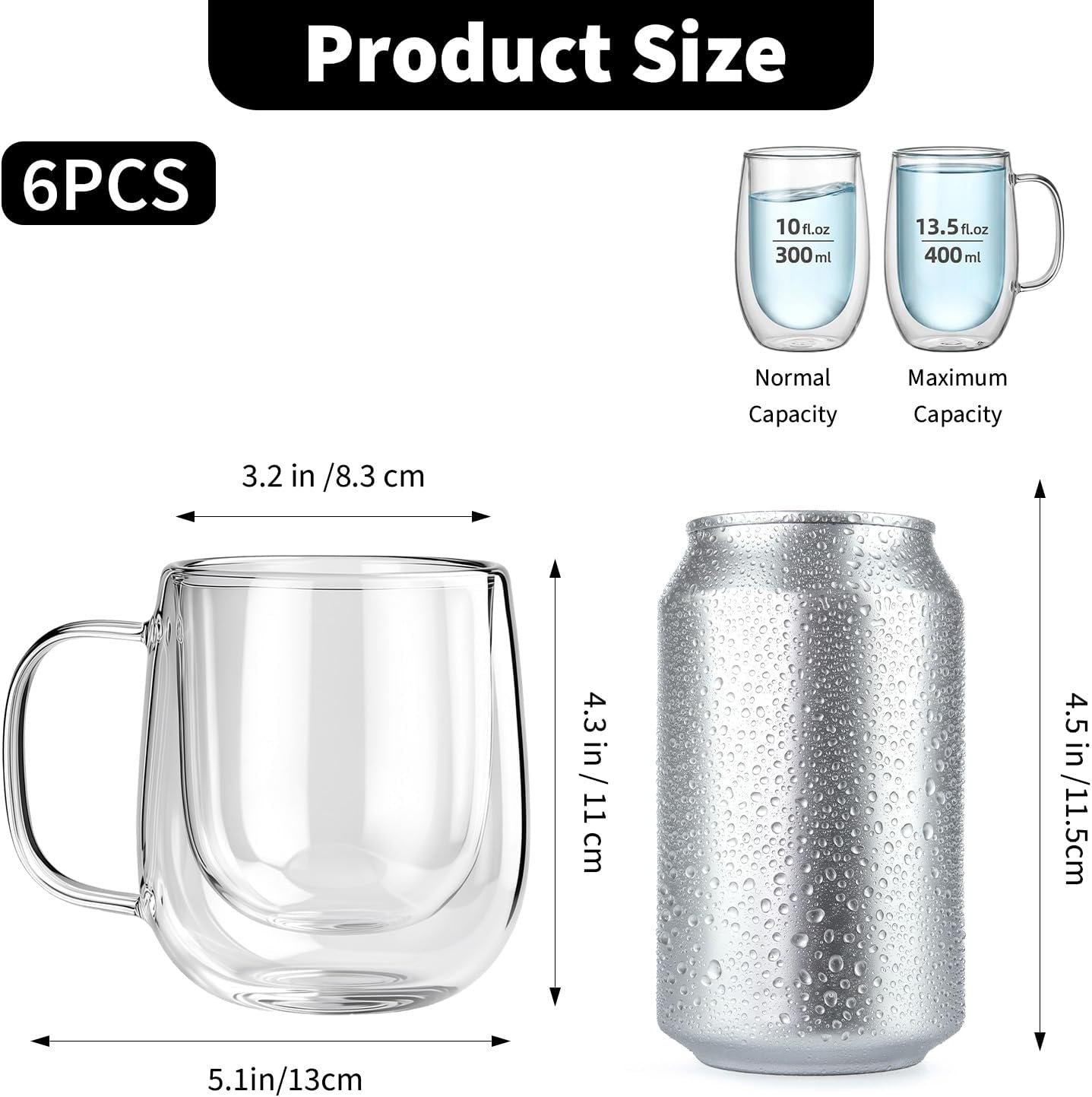 6 Pack Double Wall Glass Mugs 12 oz, Insulated Clear Coffee Cups with Handle – Heat Resistant Borosilicate Glass for Espresso, Latte, Cappuccino, Tea