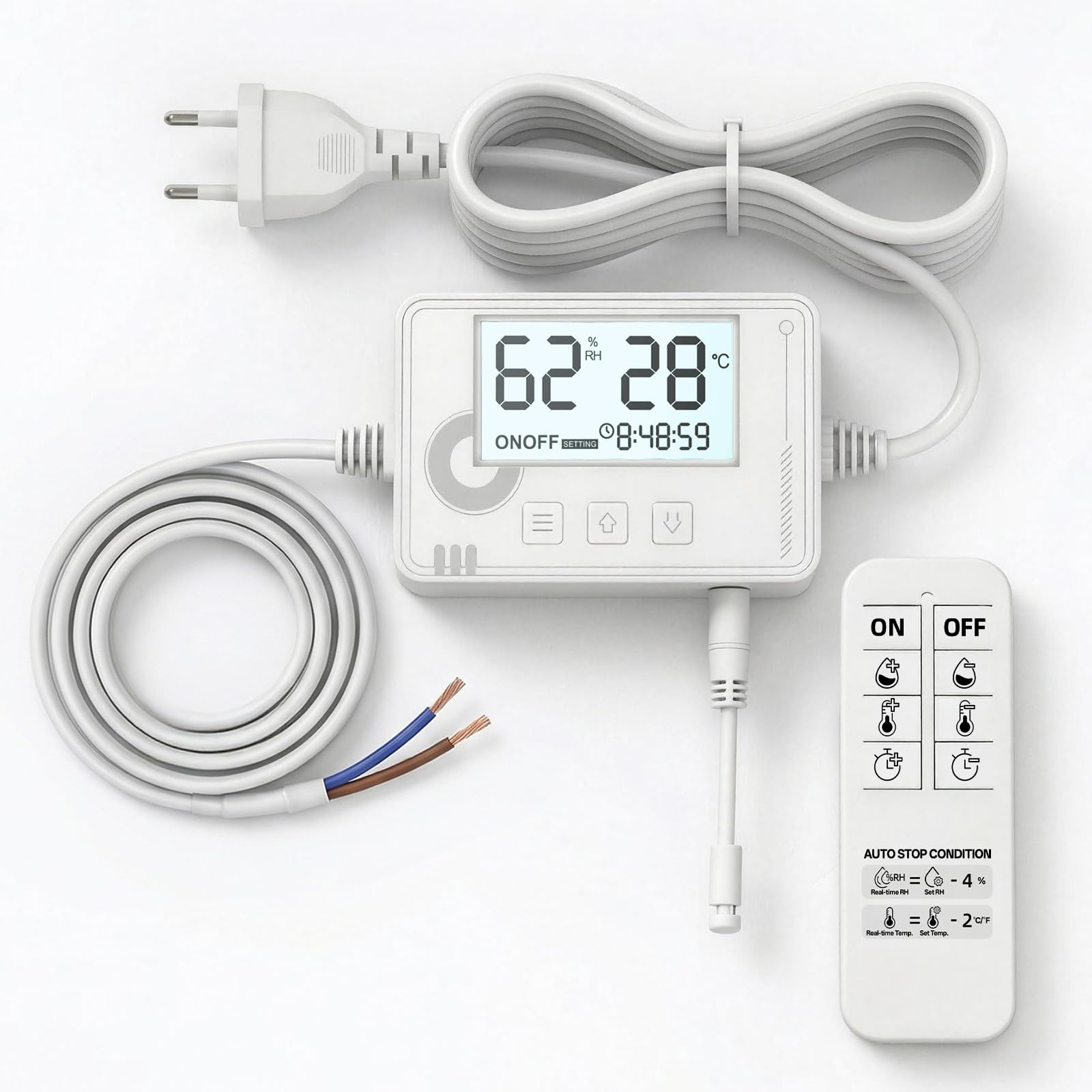 Hygrostat mit Temperaturregelung, Timer und 24h Modus, mit Fernbedienung, automatische Steuerung von Ventilatoren/Abluftventilatoren für Bad, Keller, Gewächshaus (bis 100W, 220–240V)
