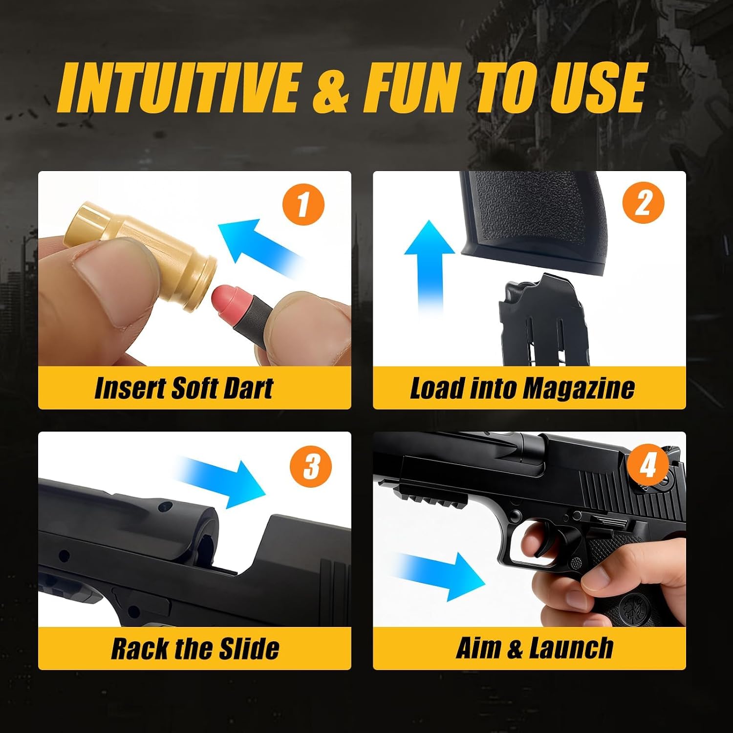 Manual Shell Ejecting Black Toy Gun 2Mags/50Darts/40Shells/Goggles | Realistic shell-ejecting with soft foam darts & shells. Durable ABS. Tactical black for target play, cosplay & gift, 14+