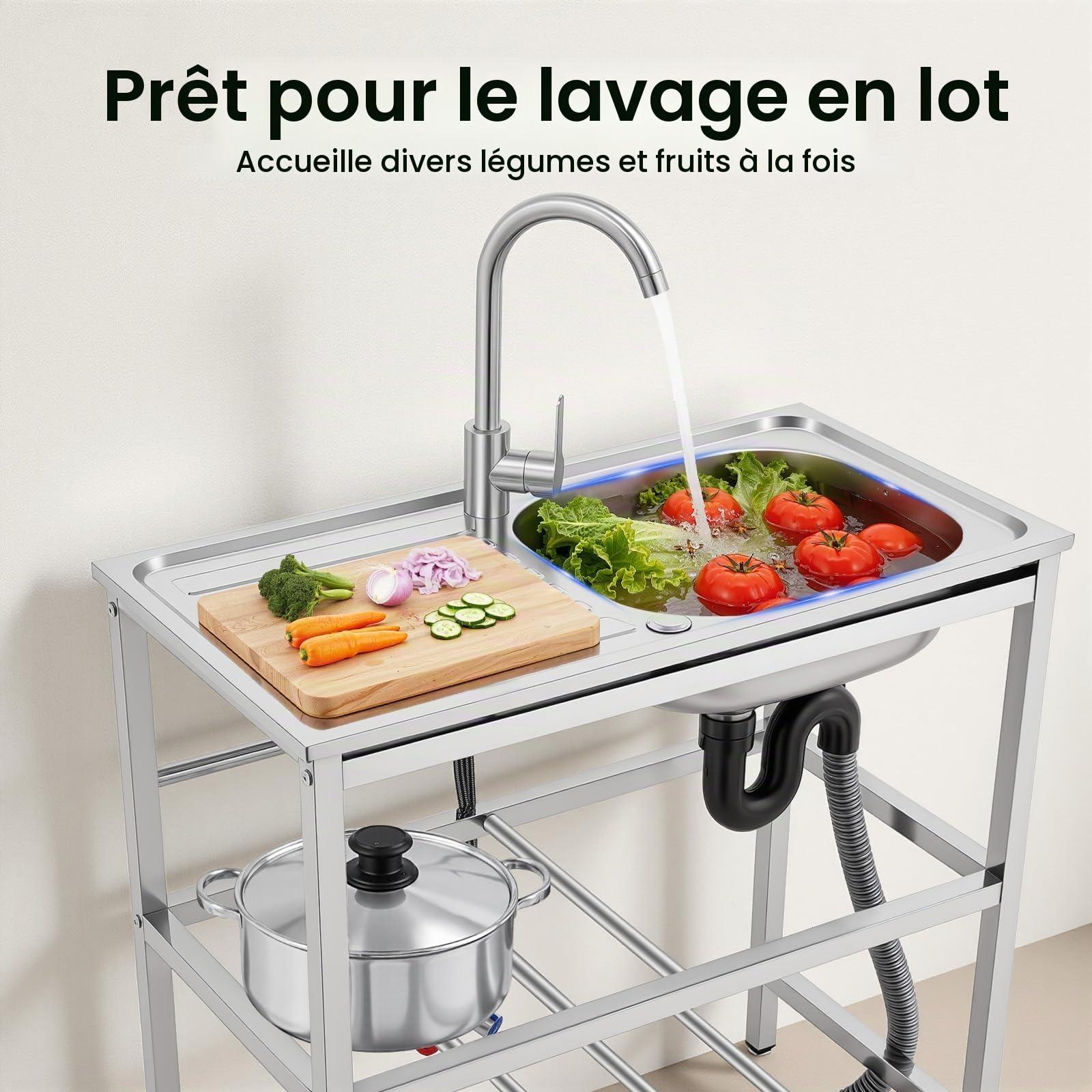 Evier Inox Exterieur,Evier Sur Pied Cuisine,Evier multifonction,Evier Professionnel Avec Robinet Pivotant,Eau Chaude Froide,Double Etagere Rangement,Cuisine Jardin Restaurant Garage
