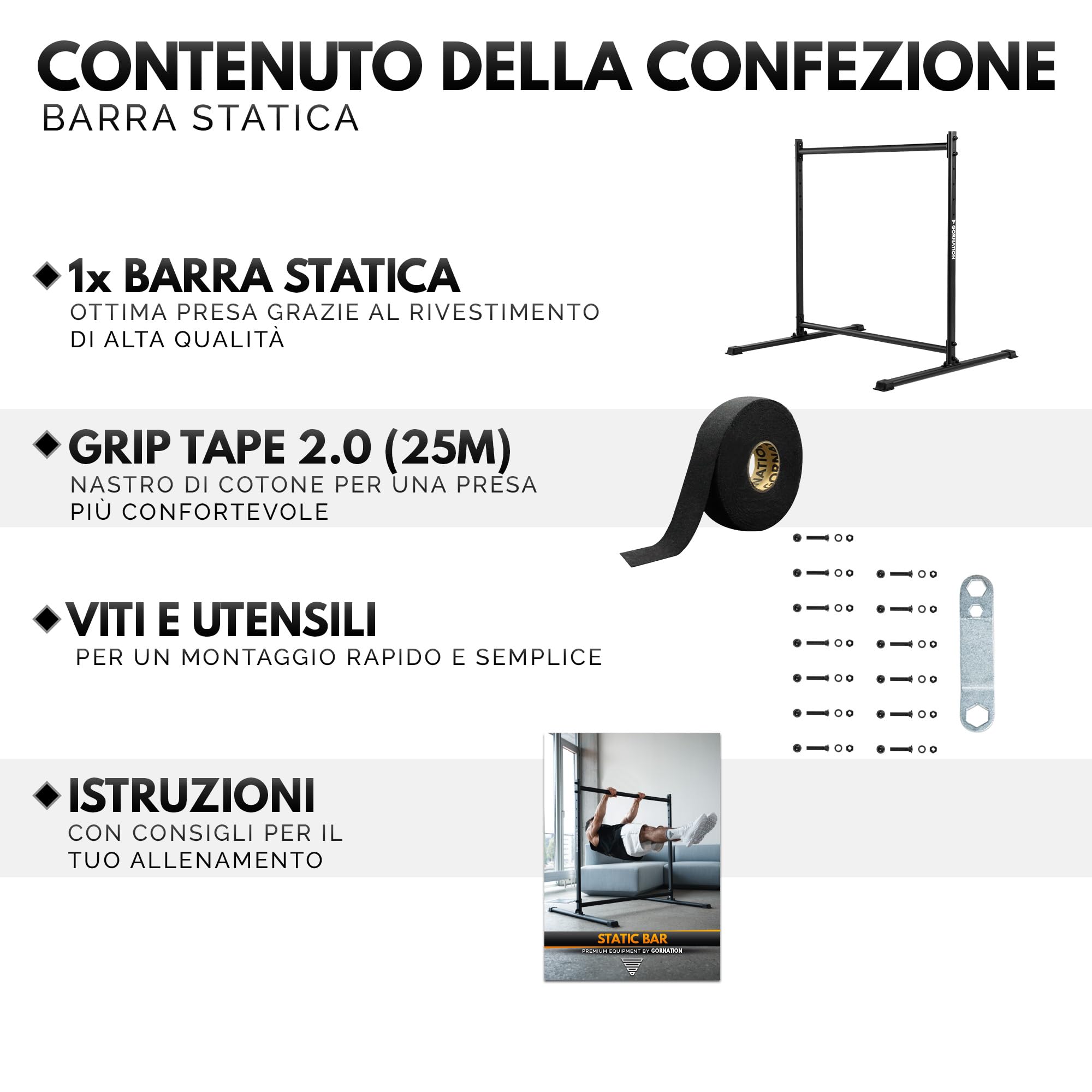 GORNATION Barra Statica, Front Lever Bar con Piedini Antiscivolo, Impugnatura Verniciata a Polvere, Altezza Regolabile e Facile da Montare, Calisthenics & Fitness, Palestra a Casa & Outdoor Workouts