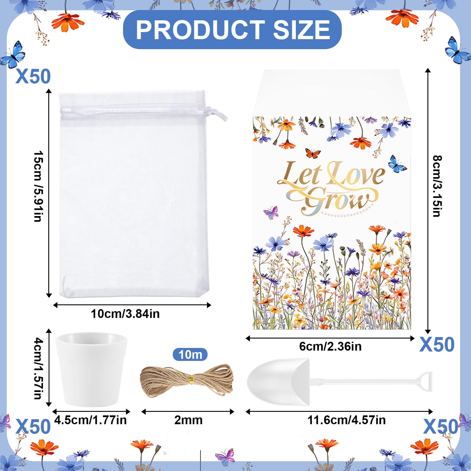 200 Stück Let Love Grow Hochzeitsgeschenke für Gäste, inklusive 50 Blumensamen-Paketen, 50 Töpfe, 50 Organza-Beutel, 50 Gartenschaufeln für Brautparty, Hochzeit, Party, Gastgeschenke, Keine