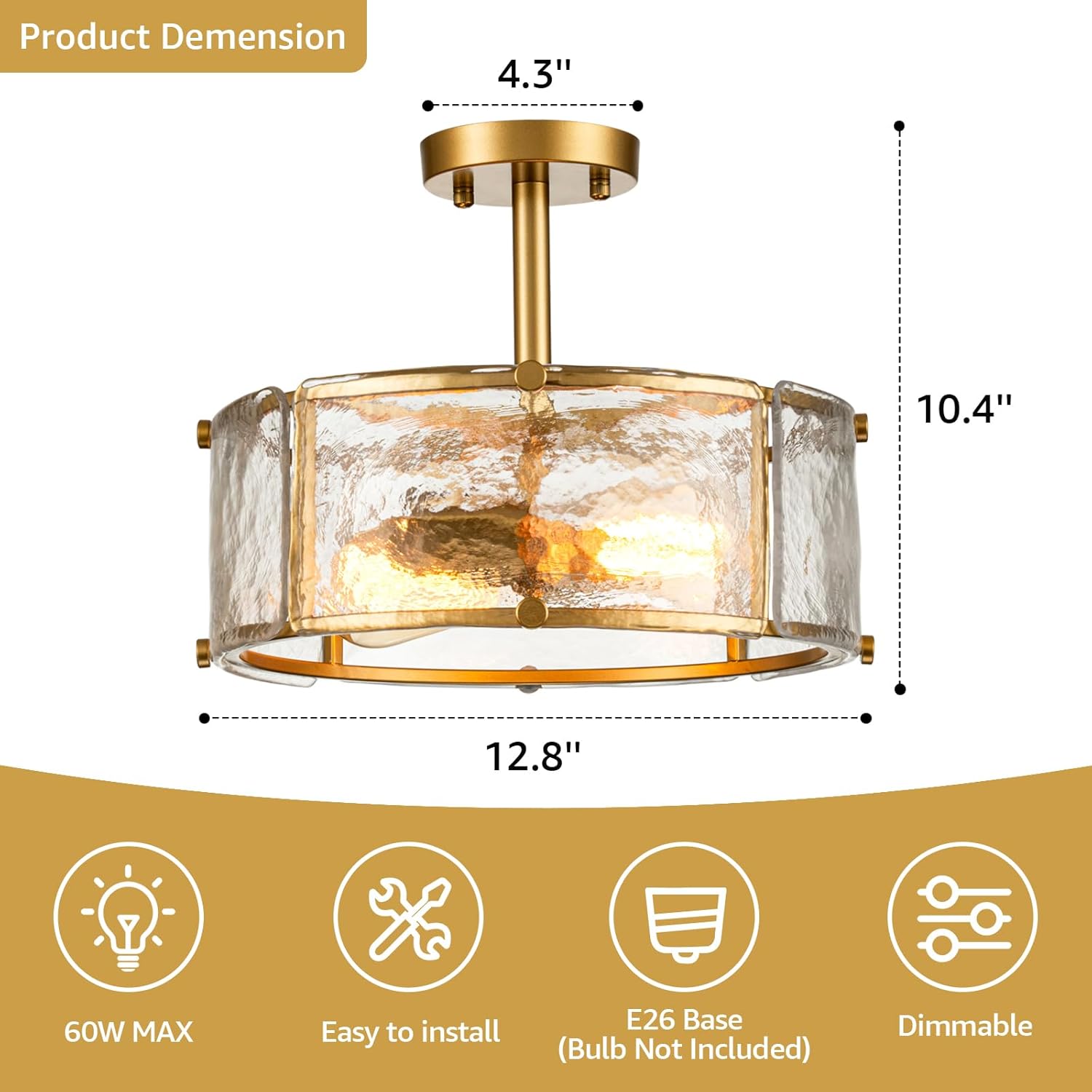 12.8" Modern Gold Semi Flush Mount Ceiling Light Fixture, 2-Light Glass Drum Ceiling Light, Small Hammered Glass Ceiling Lights for Dining Room Foyer Kitchen Hallway Entryway