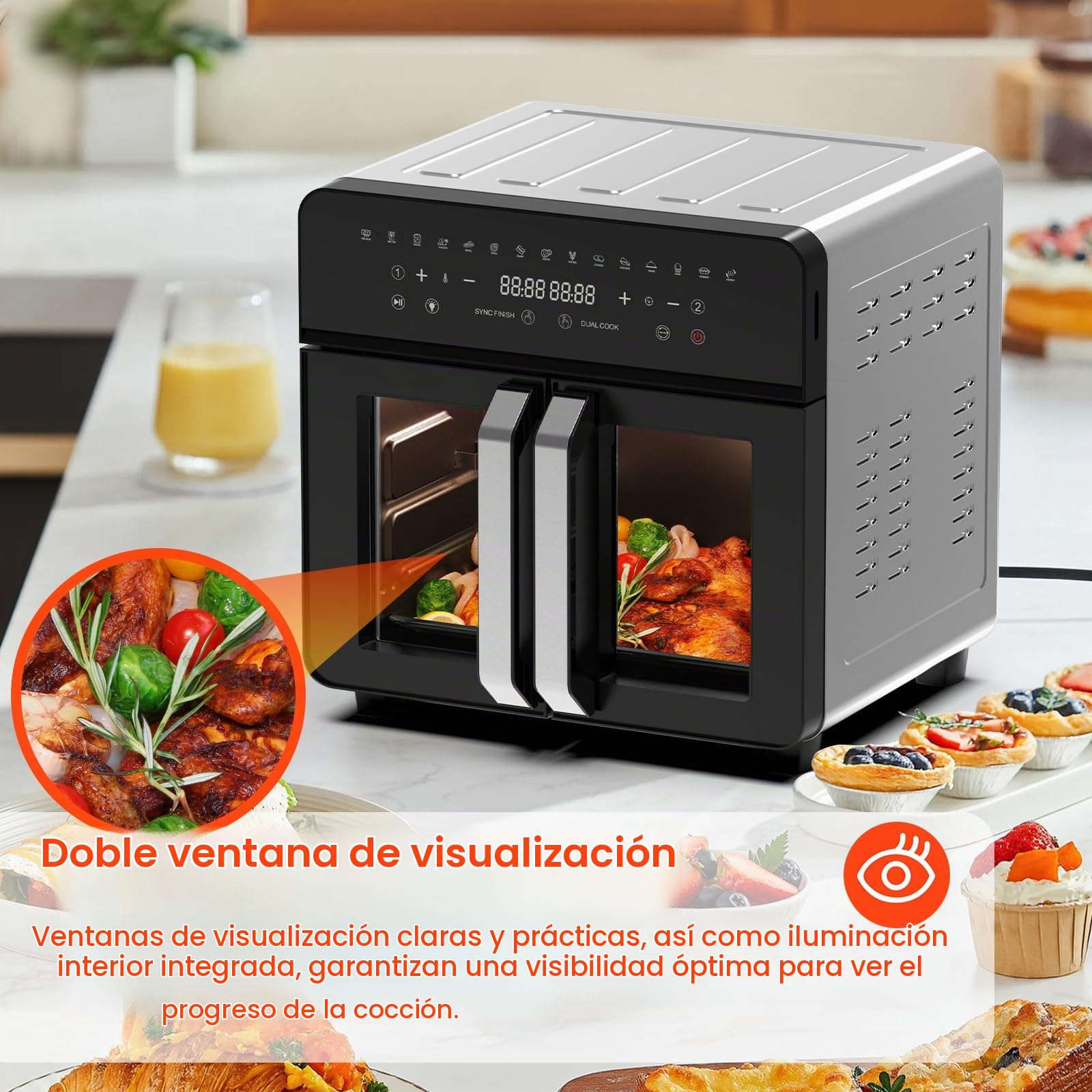 Freidora de Aire Dual Zone 23L, Air Fryer XXL con divisor extraíble, Freidora sin aceite con puertas French Door, 15 programas, Gran ventana, 5 juegos de accesorios, Libro de recetas