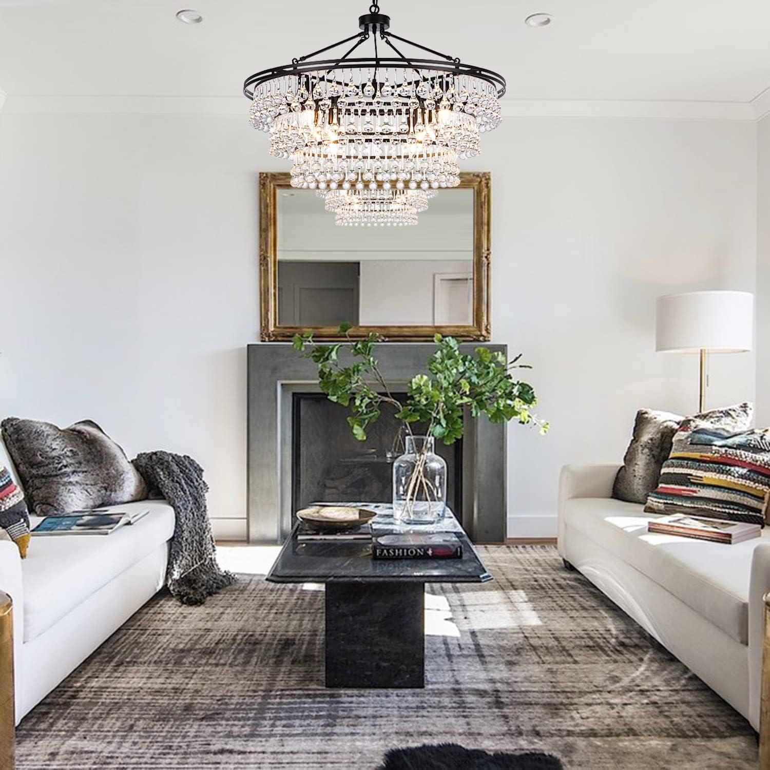 Wellmet Large Black Farmhouse Chandelier - 32" Round Modern Crystal Teardrop Chandelier for Dining Room, Bedroom, Kitchen, Hallway, Closet, Living Room