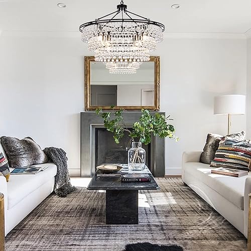 Miniatura 4 de Wellmet Candelabro grande negro de estilo rústico  Lámpara redonda moderna de lágrima de cristal de 32 pulgadas para comedor, dormitorio, cocina,