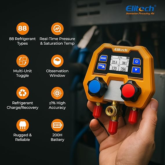 Elitech HVAC Complete Tool Kit 5-in-1 AC Diagnostic & Service Set with DMG-2SE Digital Manifold, 5CFM Vacuum Pump, WJL-6000S Leak Detector, Scale & Hoses | for R410A R134A R32 System Maintenance