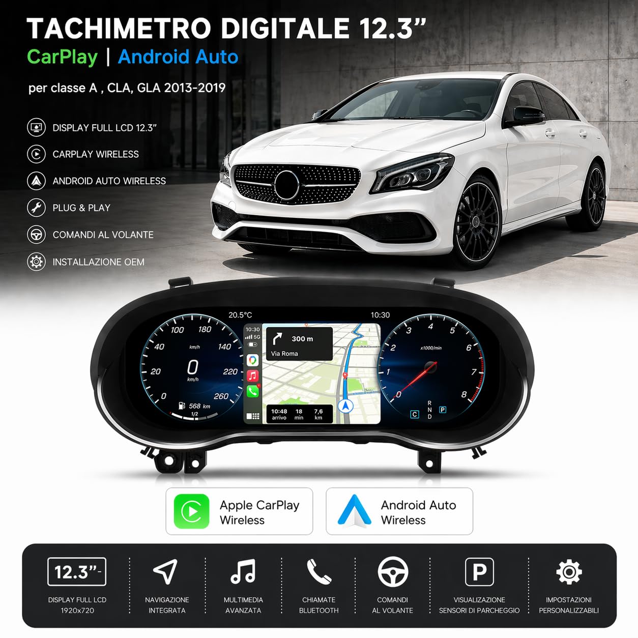 VIBEX Quadro Strumenti Tachimetro Digitale 12.3" per Mercedes Classe A W176 CLA C117 GLA X156 2013-2019 Apple CarPlay Android Auto Wireless Navigazione Plug & Play Installazione OEM