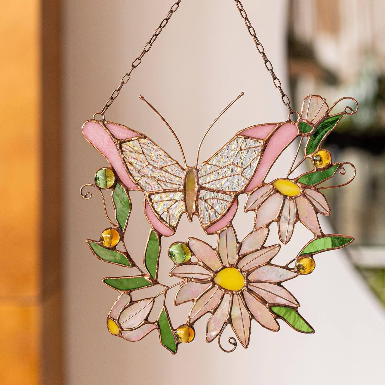 Pink Butterfly With Daisy Stained Glass Suncatcher. Real Glass Home Decor. Indoor Outdoor Decor. Mother's Day Gift Idea. Wall Window Hanging Panel. Butterfly Decor. Nature-inspired Decor For Home.
