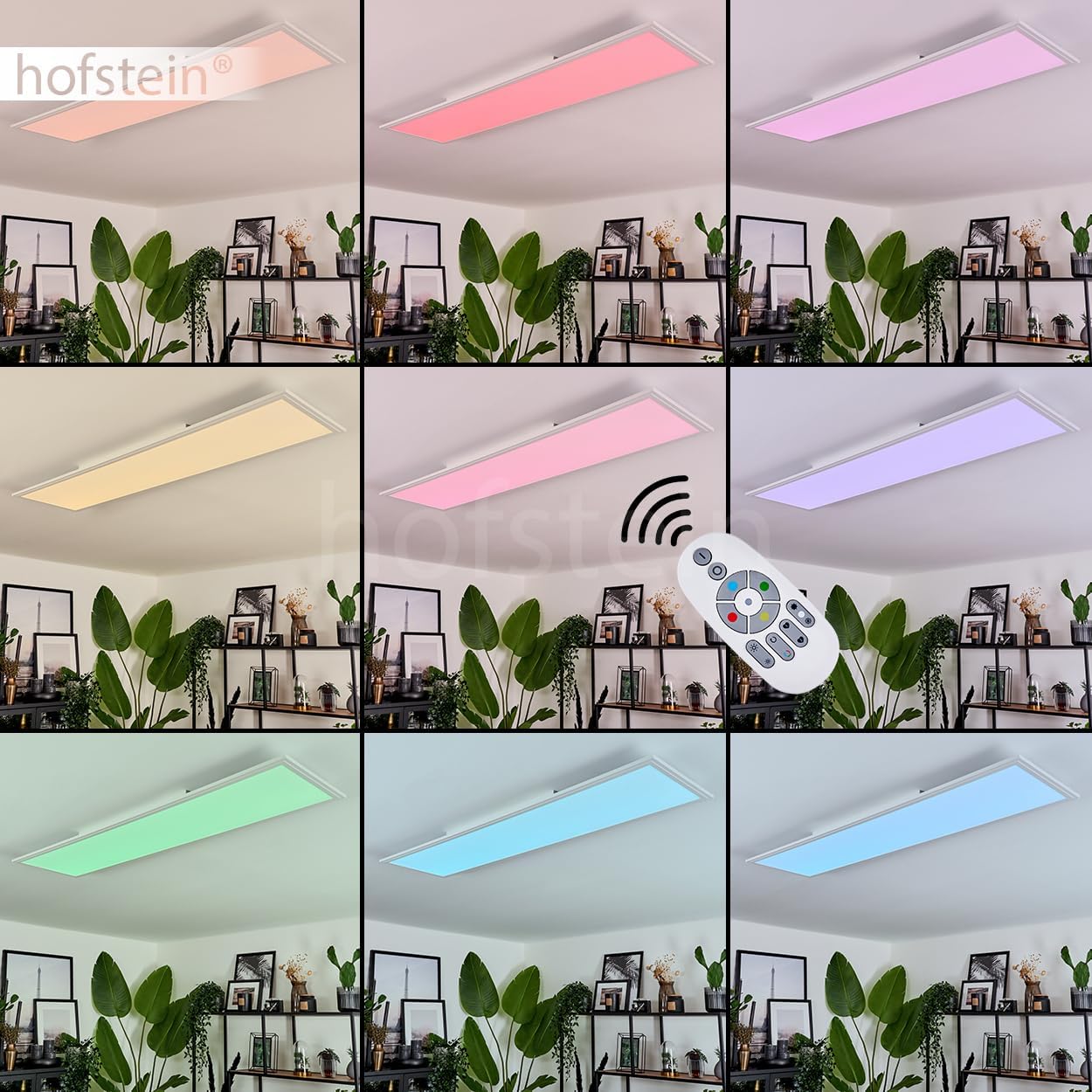 Hofstein Vex LED Ceiling Panel showing various RGB color options