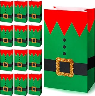 30 Pieces Paper Christmas Elves Suit Print Treat Bags Xmas Party Bags Elf Candy Goodies Bags for Winter Holiday Christmas Party Favors, 8.3 x 4.7 x 3.1 Inches