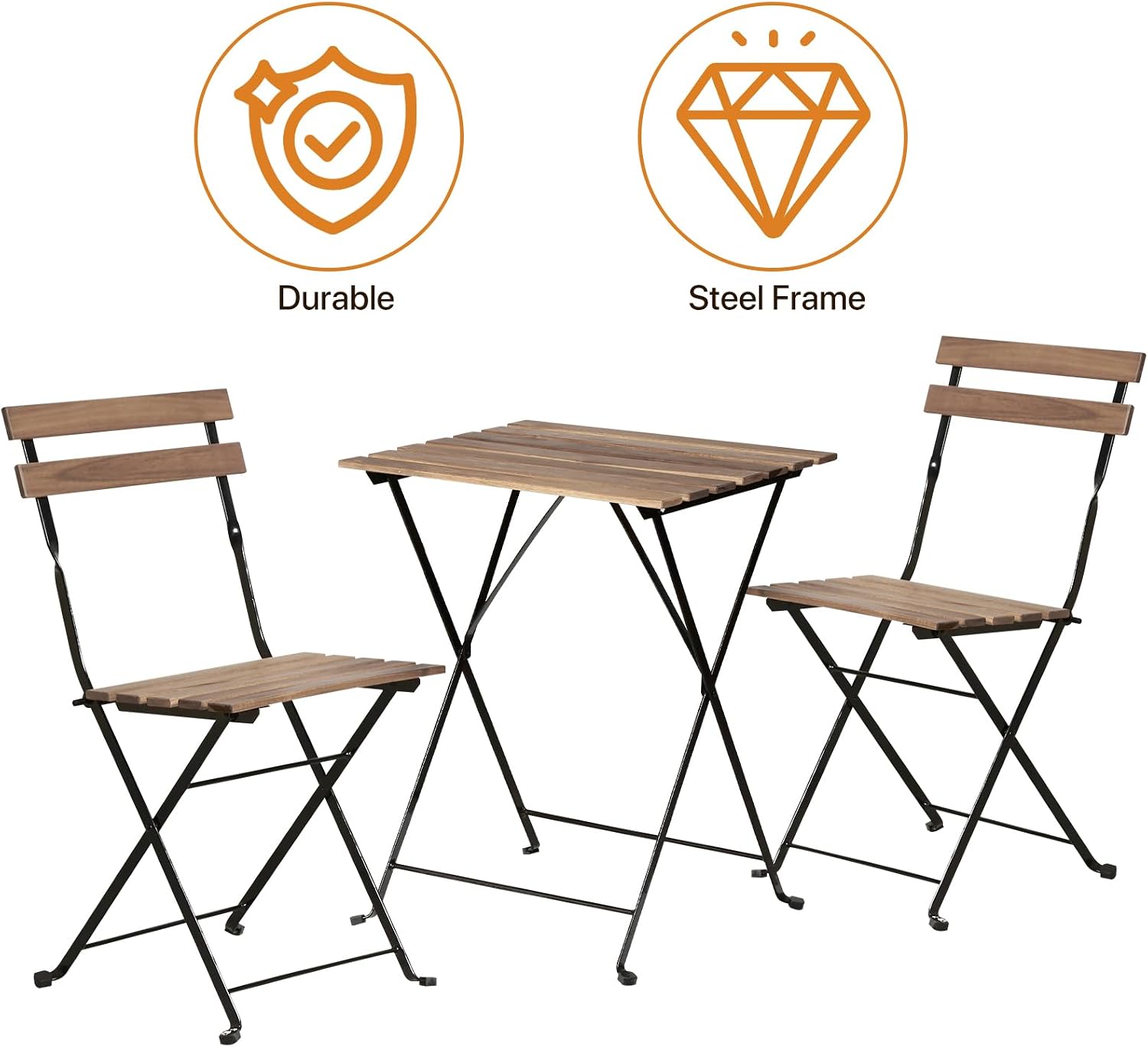 3-Piece Patio Bistro Set Outdoor Furniture Sets Folding Bistro Table and Chairs Set of 2 Weather-Resistant Wood Small Table and Chairs for Front Porch, Garden, Pool, Deck, Backyard, Chestnut Brown