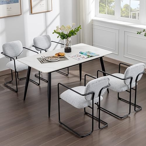 Modern Boucle - Juego de 4 sillas de comedor tapizadas de tela gris con cómodo respaldo hueco, sillas de comedor de cocina con patas de metal,