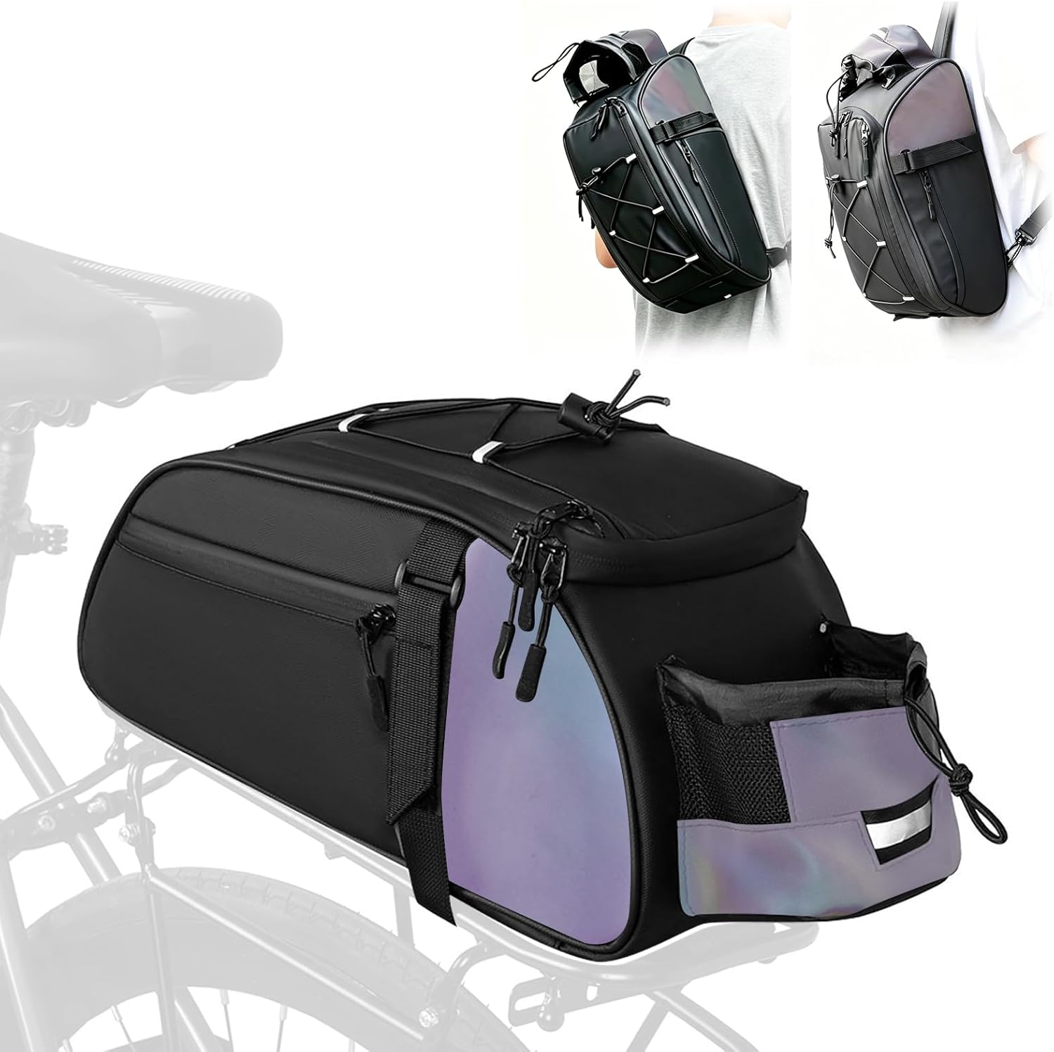 ROADNADO Bike Rack Bag with Shoulder Strap 8L Waterproof Reflective Bike Bags for Bicycles Rear Rack with Water Bottle Holder Ebike Panniers Trunk Saddle Bags for Commuting Travel (Black Iridescence)