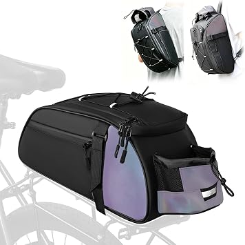 ROADNADO Bike Rack Bag with Shoulder Strap 8L Waterproof Reflective Bike Bags for Bicycles Rear Rack with Water Bottle Holder Ebike Panniers Trunk Saddle Bags for Commuting Travel Black Iridescence