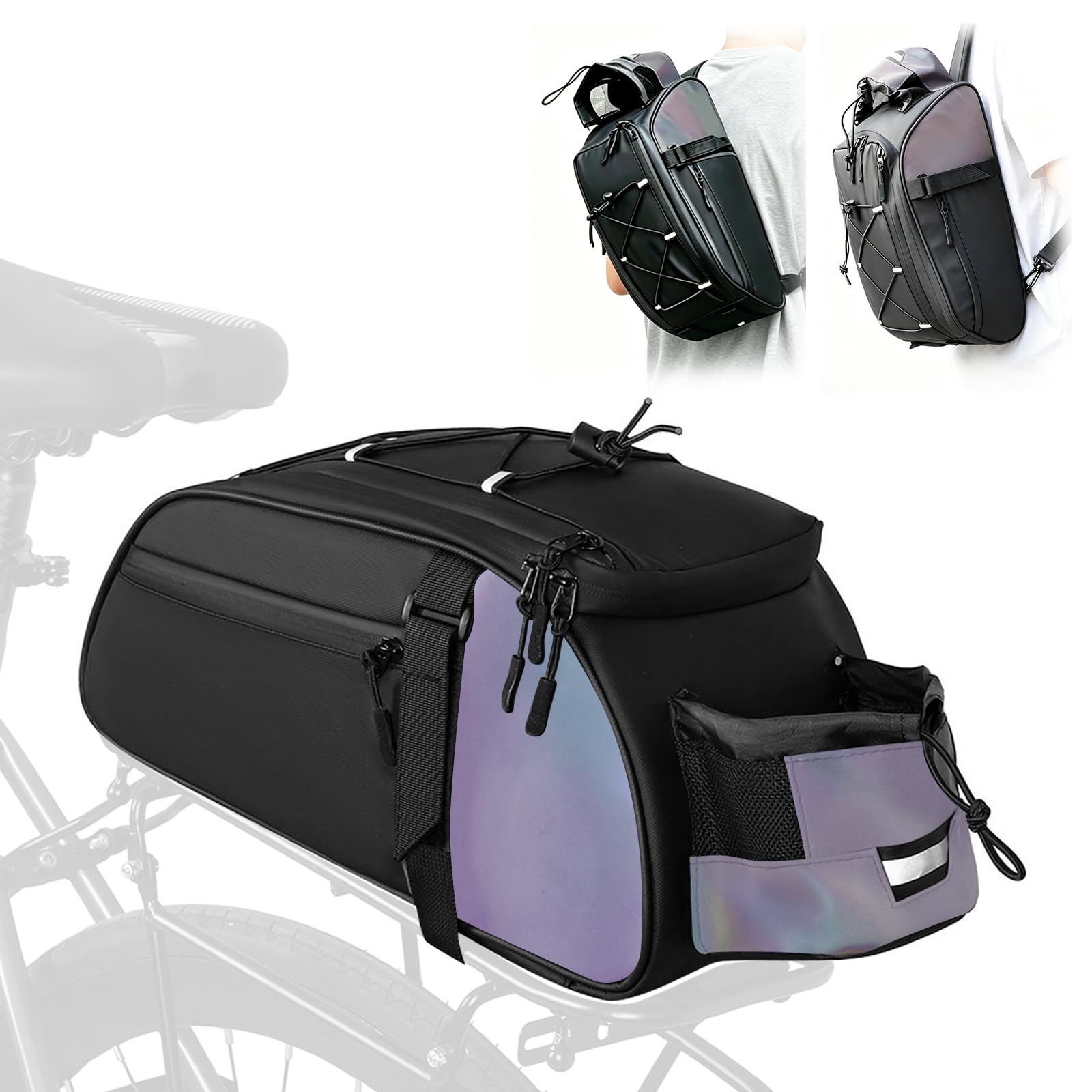 ROADNADO Bike Rack Bag with Shoulder Strap 8L Waterproof Reflective Bike Bags for Bicycles Rear Rack with Water Bottle Holder Ebike Panniers Trunk Saddle Bags for Commuting Travel (Black Iridescence)