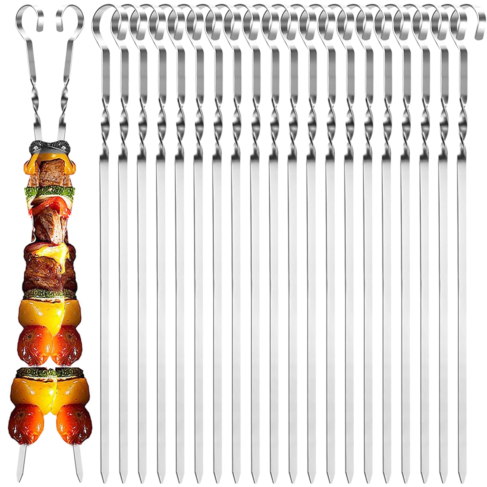 GAOHAN 20 Pcs Metal Kebab Skewers for Grilling - Flat BBQ Rack, Reusable Stainless Steel Sticks for Meat and Food