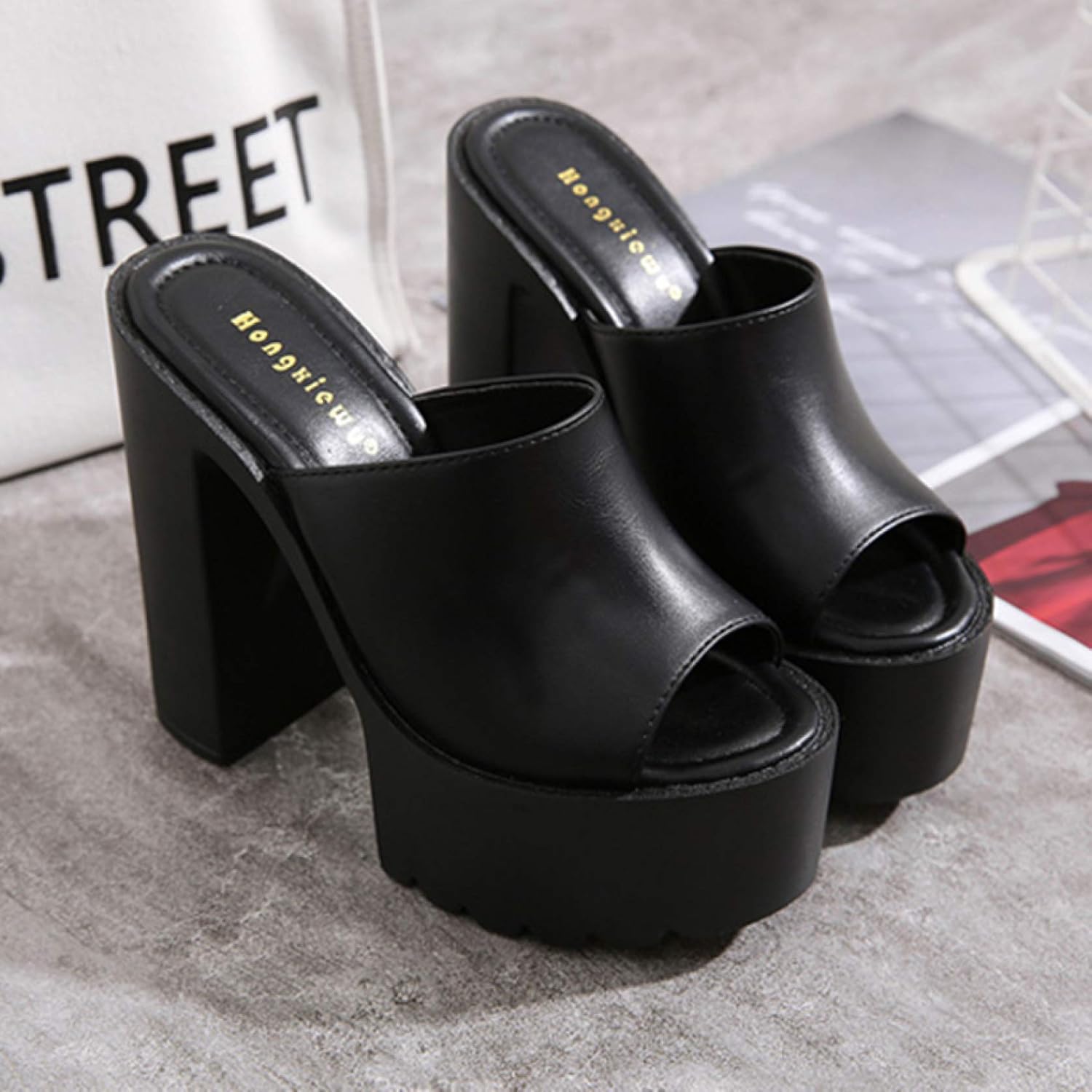 [PANLON] 14cmヒール サンダル ミュール 太ヒール シンプル キャバサンダル レディース サボサンダル ブラックcm ハ