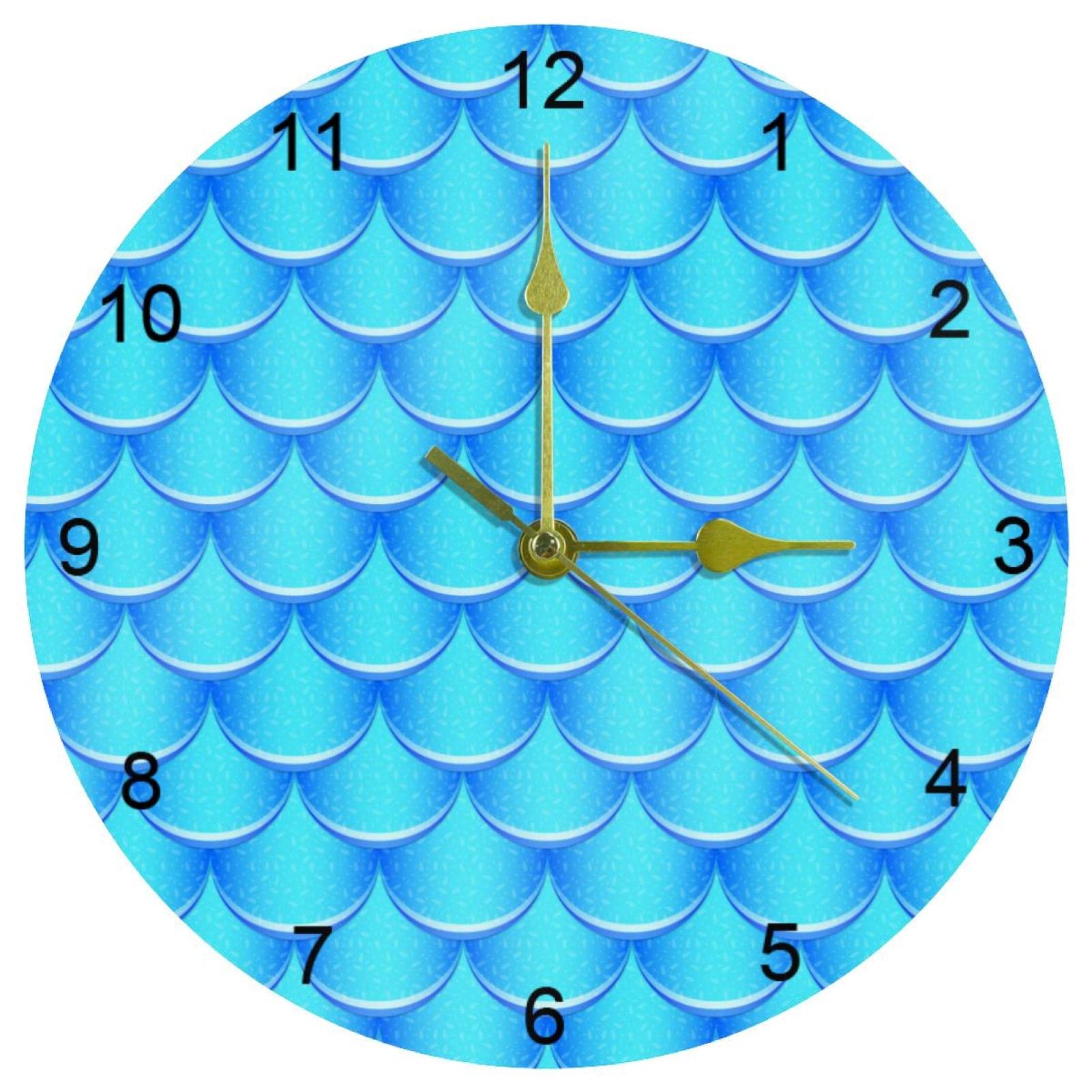 Horloge murale silencieuse de qualité supérieure décor écailles bleues sirène et cadran rond
