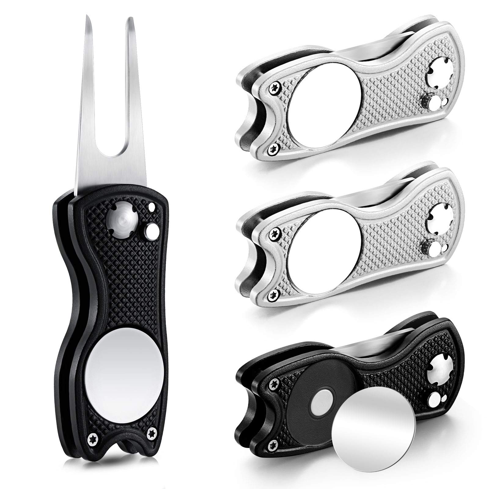 Skylety 4 Pieces Golf Divot Repair Tool with Magnetic Button Ball Marker Divot Tool Stainless Steel Foldable Switchblade Golf Green Divot Tool for Golfers Golf Prizes(Black, Silver)