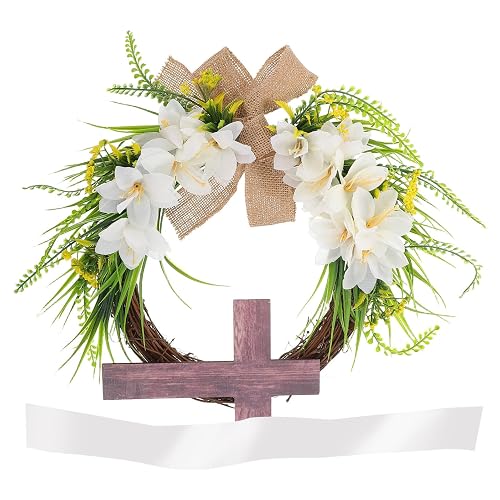 Ipetboom Rustic Wooden Cross Wreath with White Scarf Easter Grapevine