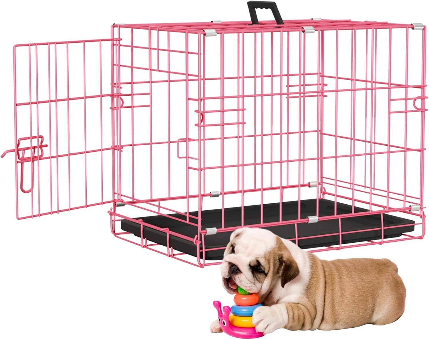 18 Inch Dog Crate, Folding Metal Wire Dog Cage with Tray, Pet Kennel Cage for Small Dogs, Leak-Proof & Portable Indoor Outdoor Kennel, Pink