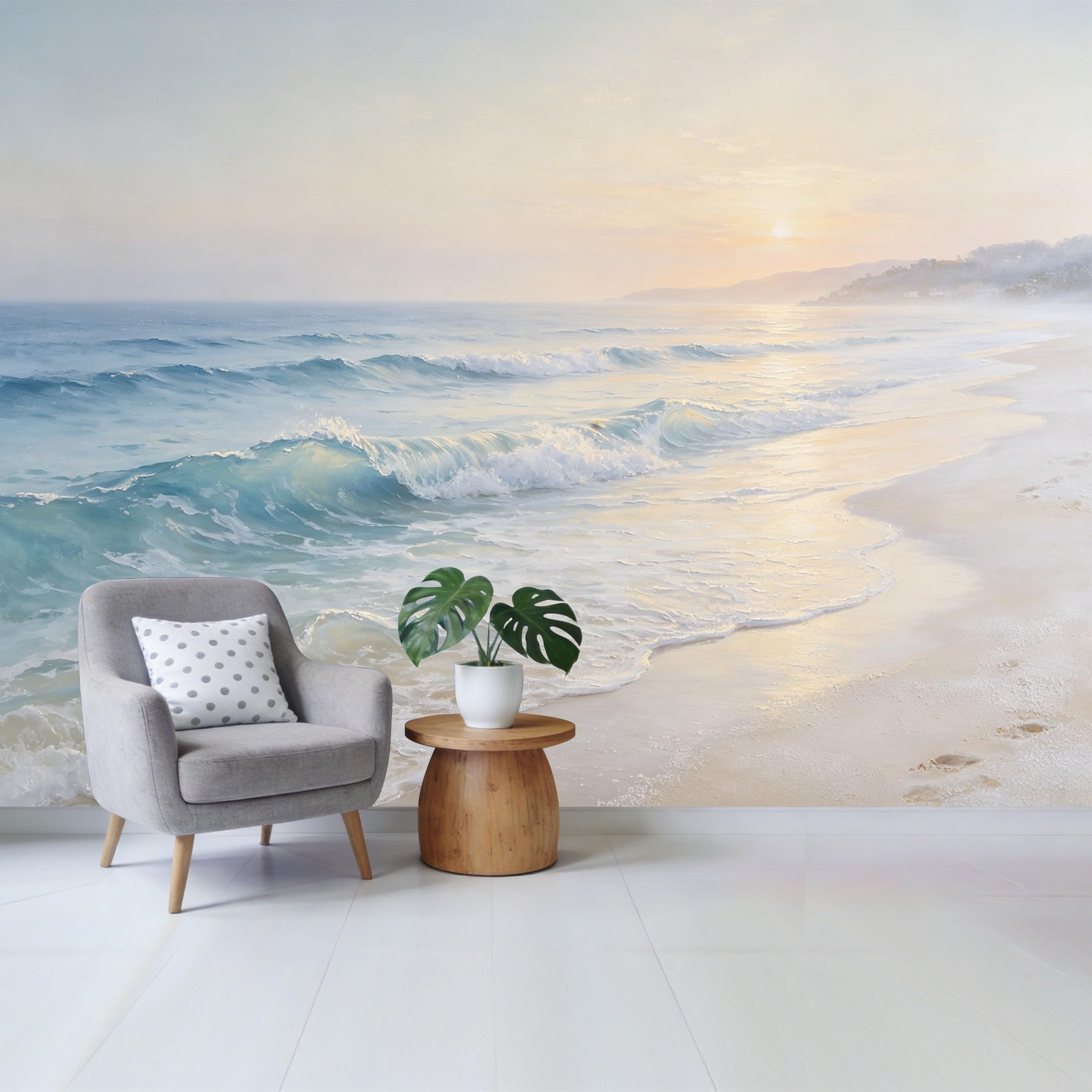 Qzlithotic Yq2605250338 Custom Size Wall Mural Coastal Sunrise Ocean Waves Serene Seascape Oil Painting Style Selfadhesive Wall Fabric Removable Wallpaper For Home Office Decor