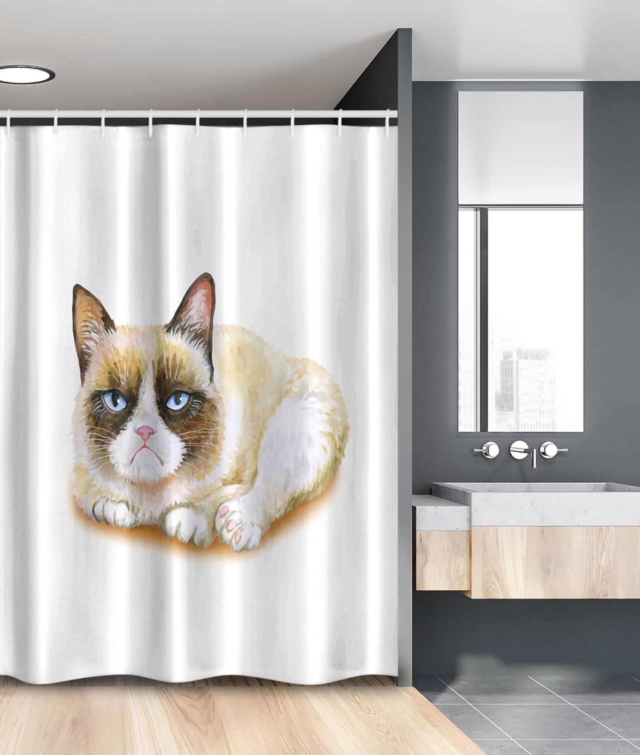 Ambesonne Animal Stall Shower Curtain, Grumpy Siamese Cat Angry Paws Kitten Moody Love Art Print Watercolor Look Print, Fabric Bathroom Decor Set with Hooks, 54" W x 78" L, Beige and Brown