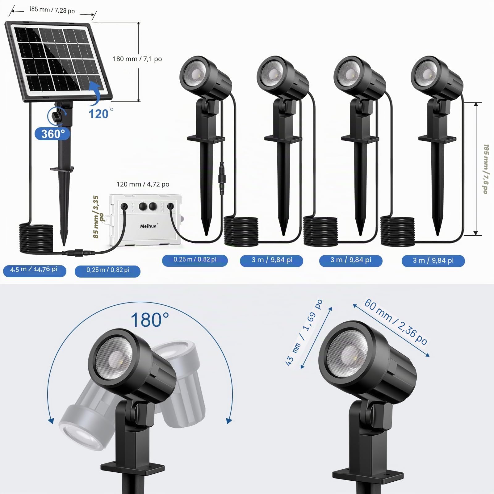 MEIHUA Lampe Solaire Exterieur Avec Télécommande 2700K-6000K IP66 Etanche | Spot Solaire 3 Luminosité 2 Modes Dynamiques Minuterie Éclairage Extérieur Pour Chemins Jardin Terrasse Halloween Noël