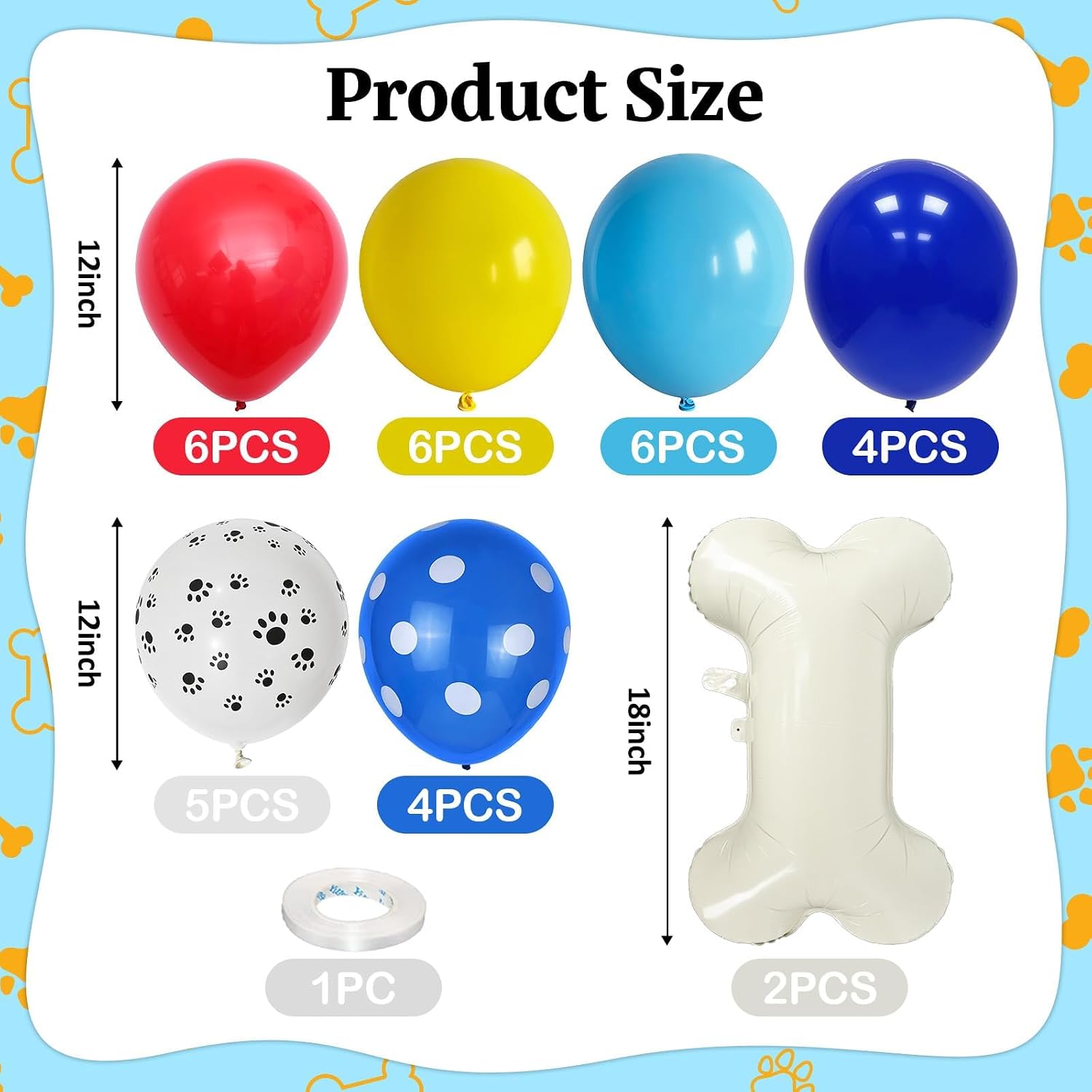 Dog Balloons, Red Yellow Blue Paw Print Balloons with 18 Inch Bone Foil Balloon, Dog Paw Latex Animal Balloon for Boy Kids Birthday Cartoon Theme Puppy Party Decorations Backdrop Supplies image 2