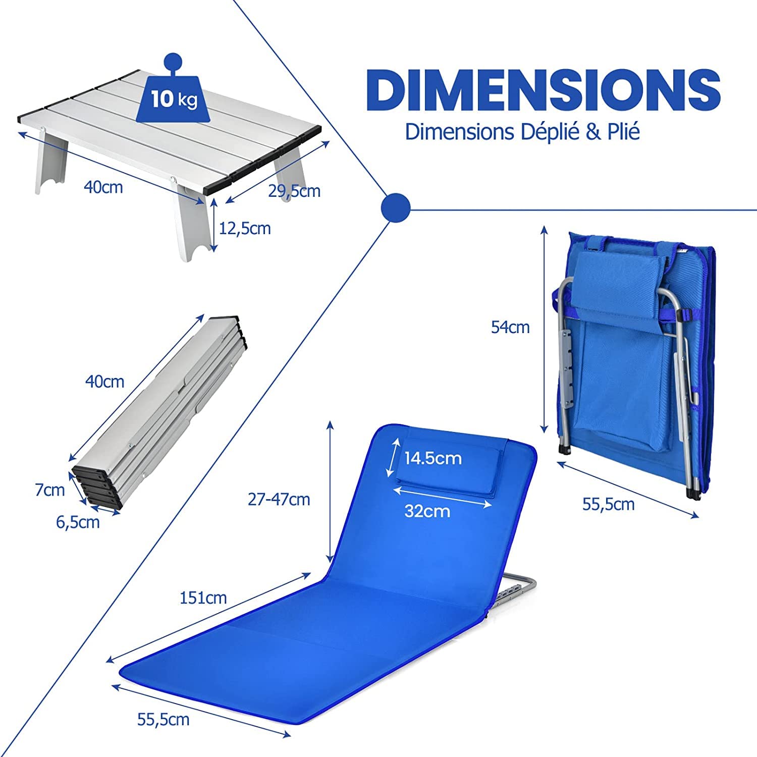 GOPLUS 2PCS Matelas de Plage Réglable à 5 Positions avec Table Basse, 2 Tapis de Plage avec Appuie-têtes, Table d’Appoint Portable, Conception Pliable, Idéal pour Patio, Piscine, Terrasse (Bleu)