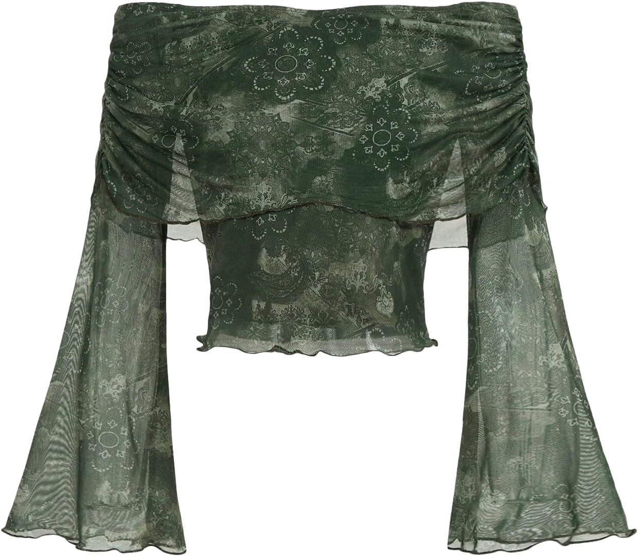 Verdusa Women's 70s Off The Shoulder Renaissance Bell Sleeve Mesh Crop Tops Whimsical Clothes
