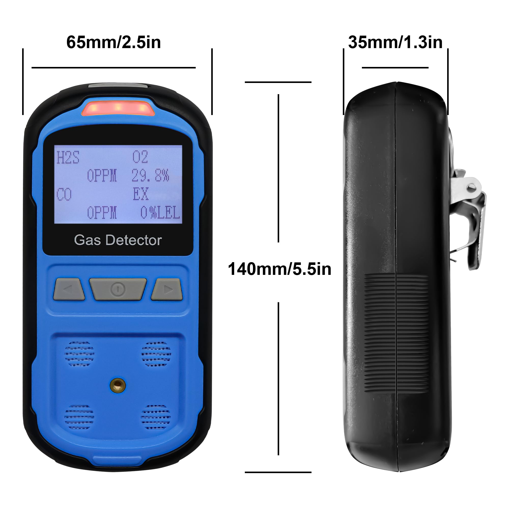 Detector de fugas de gas para H2S CO O2 y LEL, detector de gas múltiple portátil con alarmas audibles, visuales y de vibración, monitor de gas 4 en 1, pantalla LCD digital (azul)