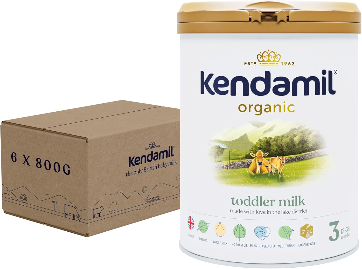 6x800g Kendamil Organic Toddler Milk, Stage 3 – British Made, Organic Whole Milk Formula – With HMOs, No Palm Oil, No Fish Oil, No SOYA, No GMOs