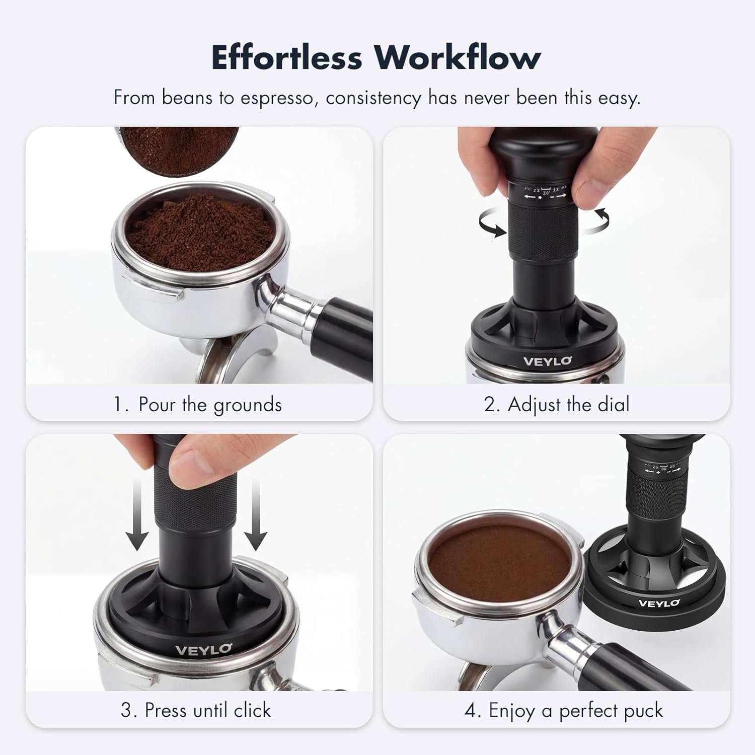VEYLO 54mm Espresso Tamper (53.3mm Base), Adjustable 20-30 lb Coffee Tamper with Audible Click Feedback, 24-Click Precision Dial, 20/25/30 lb Marks, No Spring Swap, Stainless Steel Flat Base, Black
