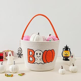 Personalized Halloween Trick or Treat Bucket for Kids, Halloween Boo Basket Tote Candy Bags With Tag, Customized Cotton Rope Woven Pumpkin Ghost Basket for Girl Boy Party Favor Supplies Home Decor
