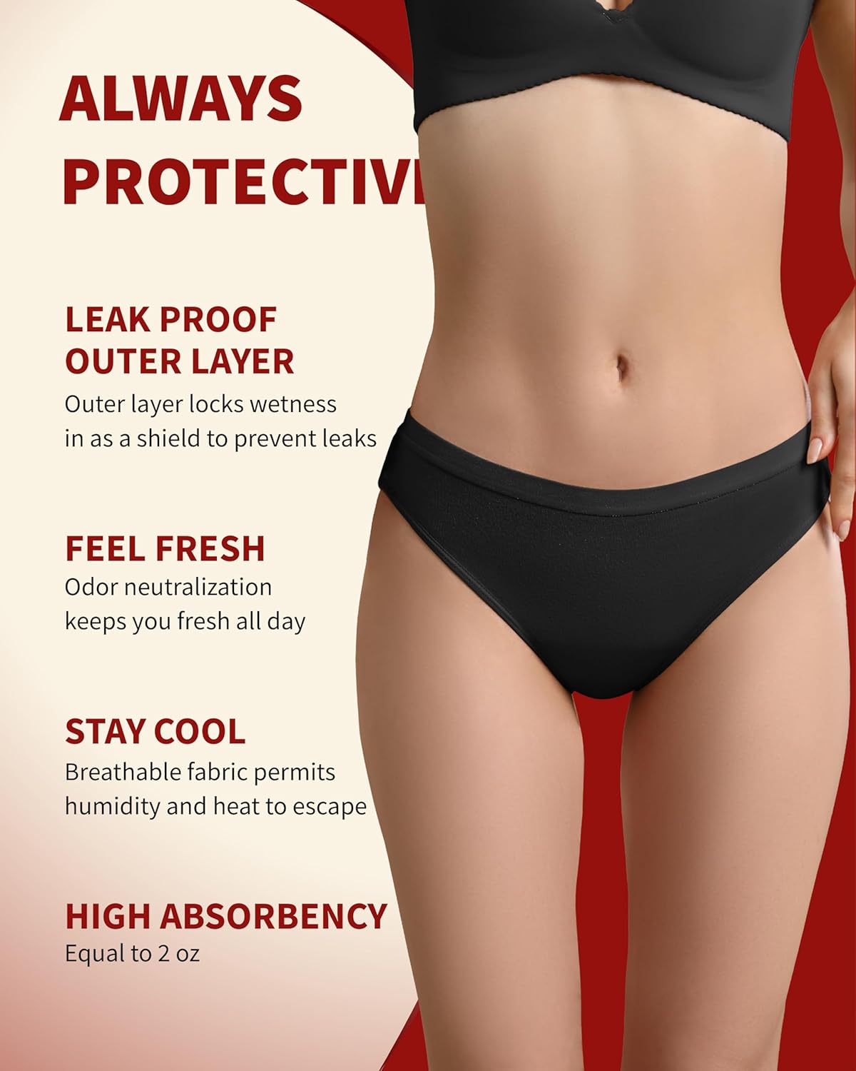 Absorbent Incontinence Underwear for Women Washable, 2 oz Leakproof Ladies Panties for Bladder Leakage 1 Pack (Black, XL) - Image 2