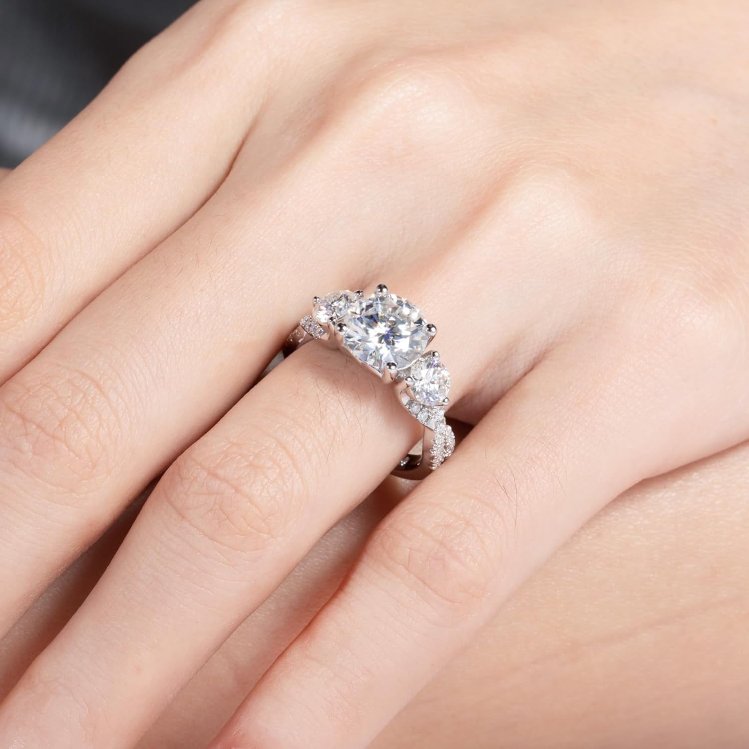 AnuClub Round Cut Moissanite 3 Stone Engagement Rings D Color VVS1 Round Cut 925 Sterling Silver Anniversary Wedding Promise Ring for Women
