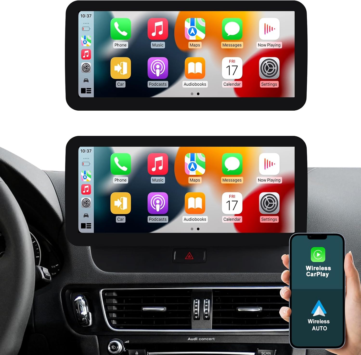 Main interface of the CNSTWEI 12.3-inch Android 14 Car Radio showing CarPlay and Android Auto