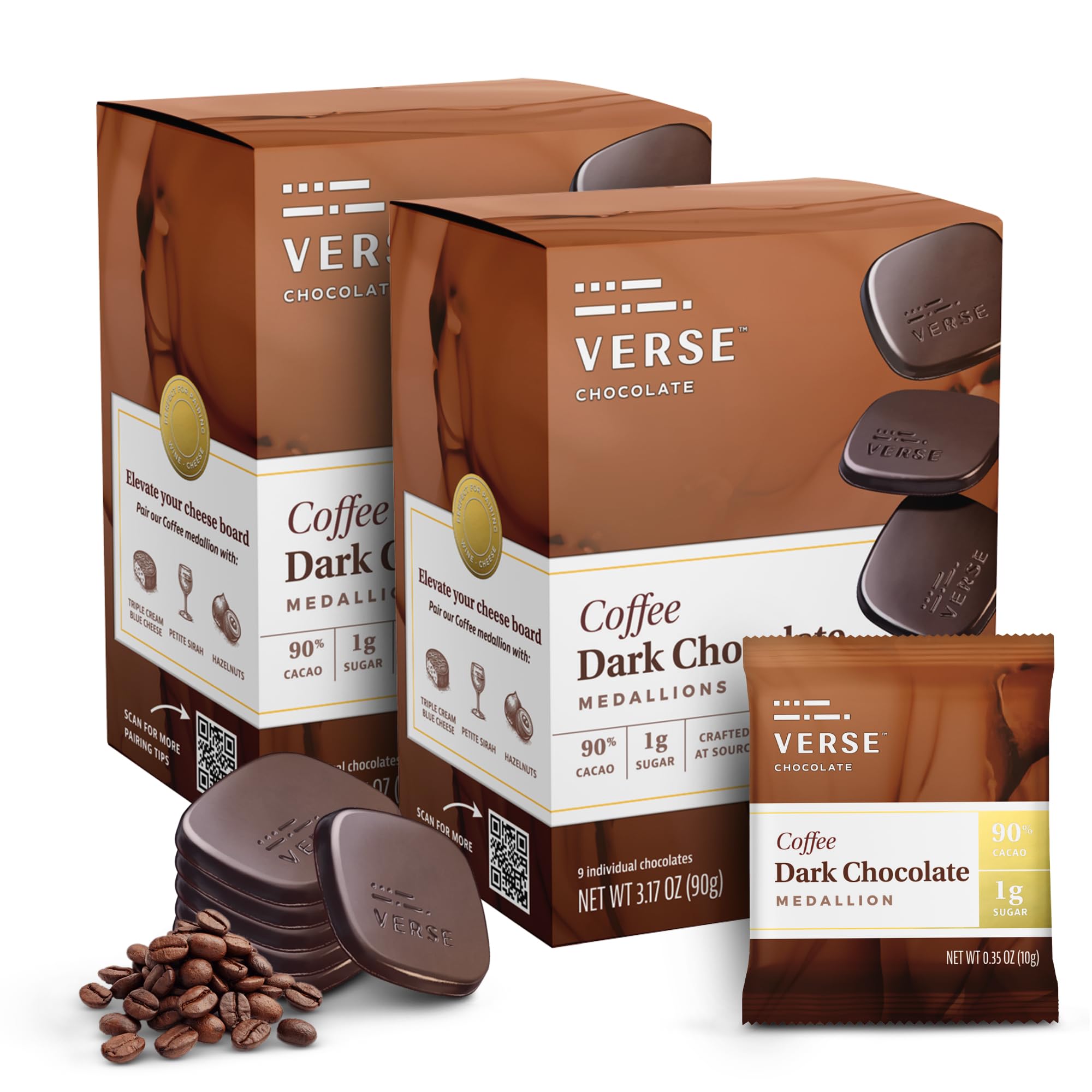 Verse Luxury Dark Chocolate Coffee Squares - Only 1g Cane Sugar - Coffee Flavored 90% Dark Cocoa - Individually Wrapped Cacao Chocolate Squares (9 Count, 2 Pack)