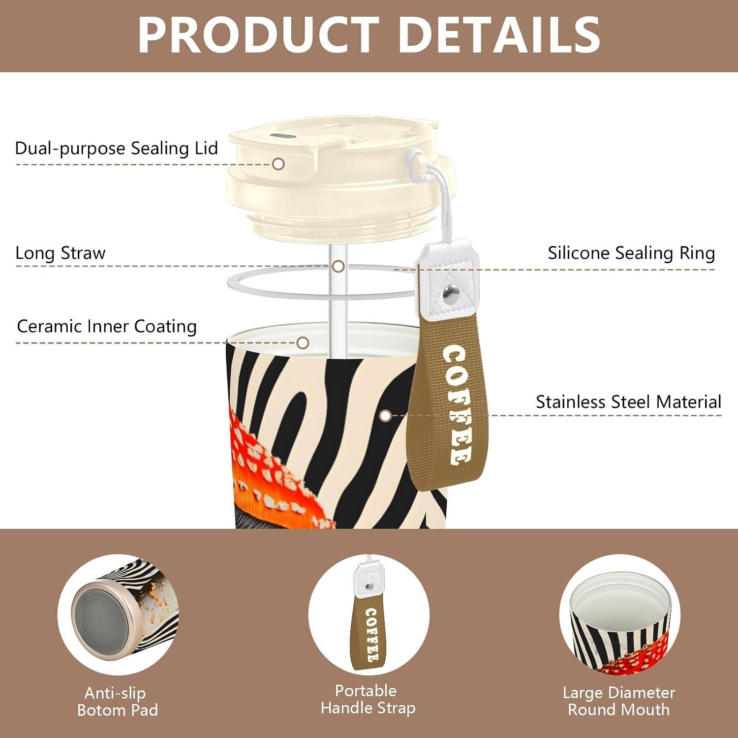 Mushroom Black White Insulated Coffee Mug with Straw & Flip Lid, 16.9oz Iced Tumbler Cup, Double Wall Vacuum Leak-Proof Mug for Travel Office