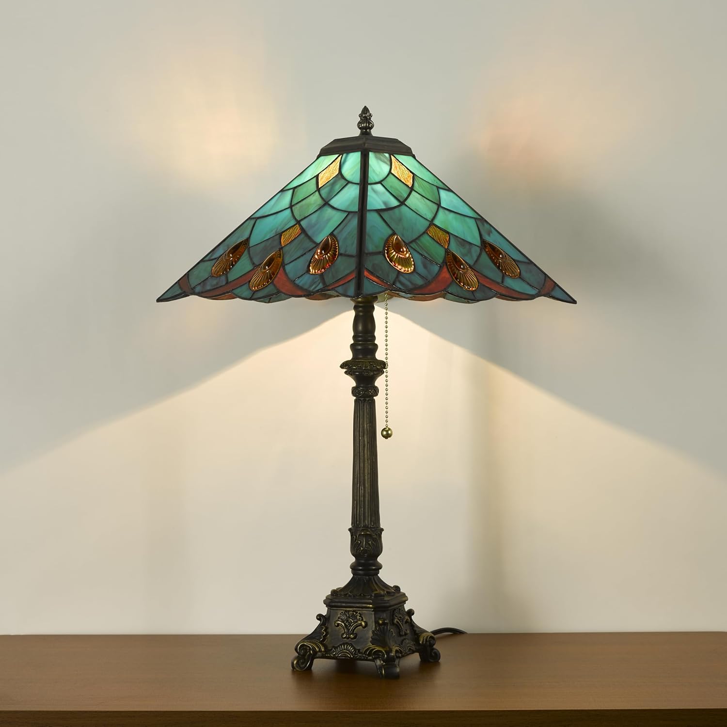 Tiffany Table Lamps Sky Blue Stained Glass Crystal Style Mission Desk Lamp 12X12X24 Inch Bronze Resin Base