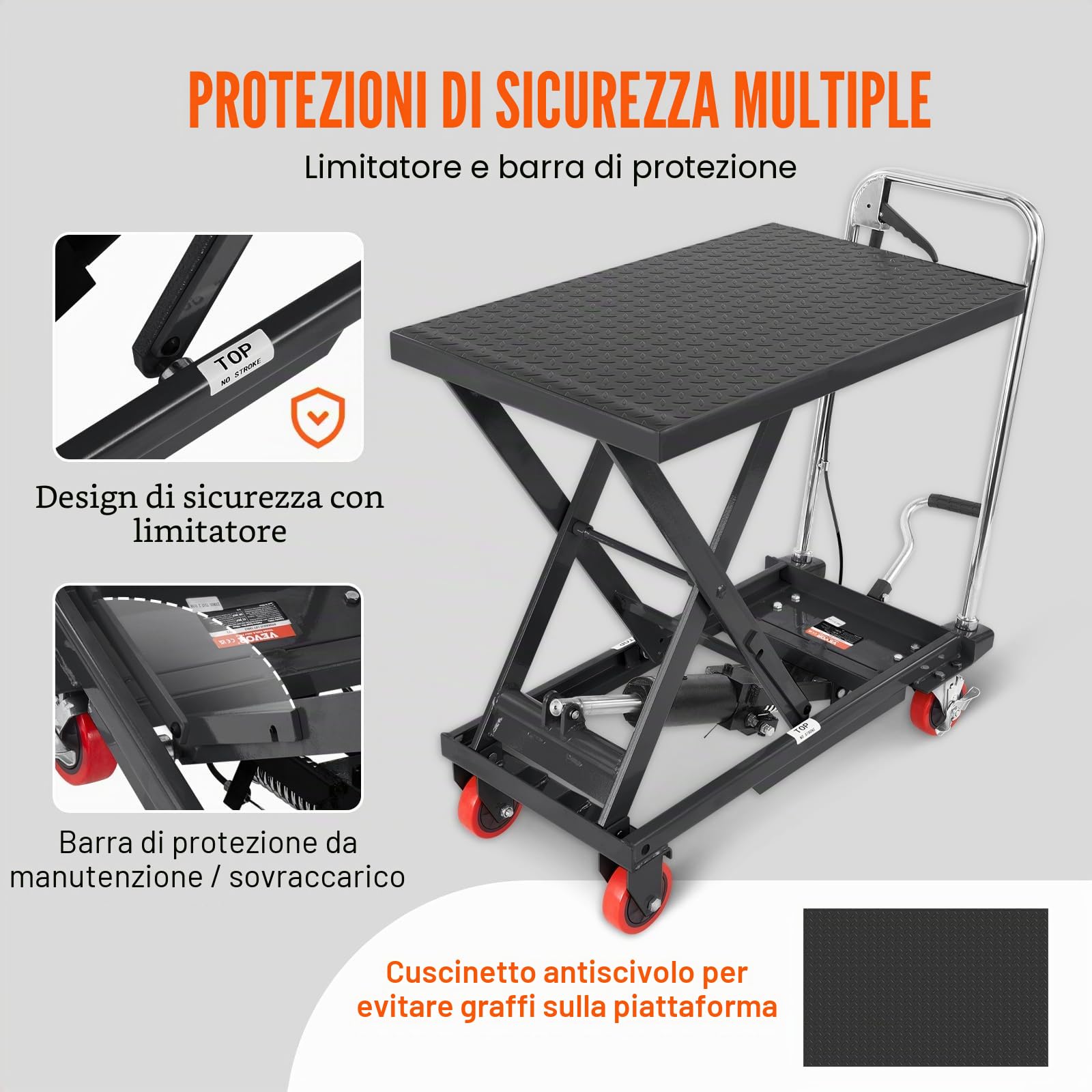 VEVOR Carrello Elevatore Idraulico, Capacità 230kg, Altezza di Sollevamento 220-720 mm, Piattaforma Elevatore Manuale a Forbice Singola con Cuscinetto Antiscivolo, Carrello Idraulico a Forbice Nero