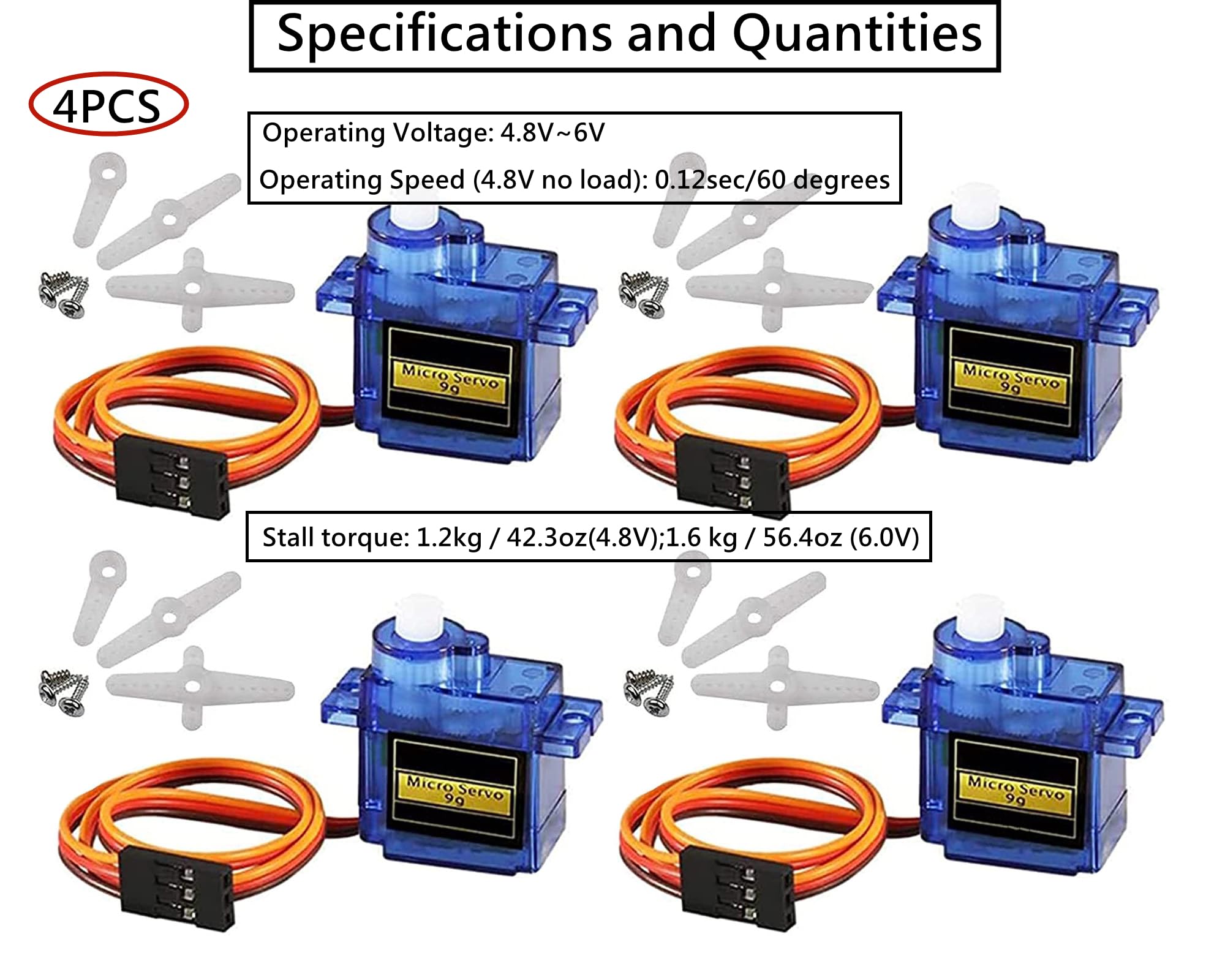 Lot De 4 Micro Servomoteurs MG90 9G – Engrenages Métal – 180° – Pour Robot, Avion, Voiture RC, Arduino – Câbles Inclus