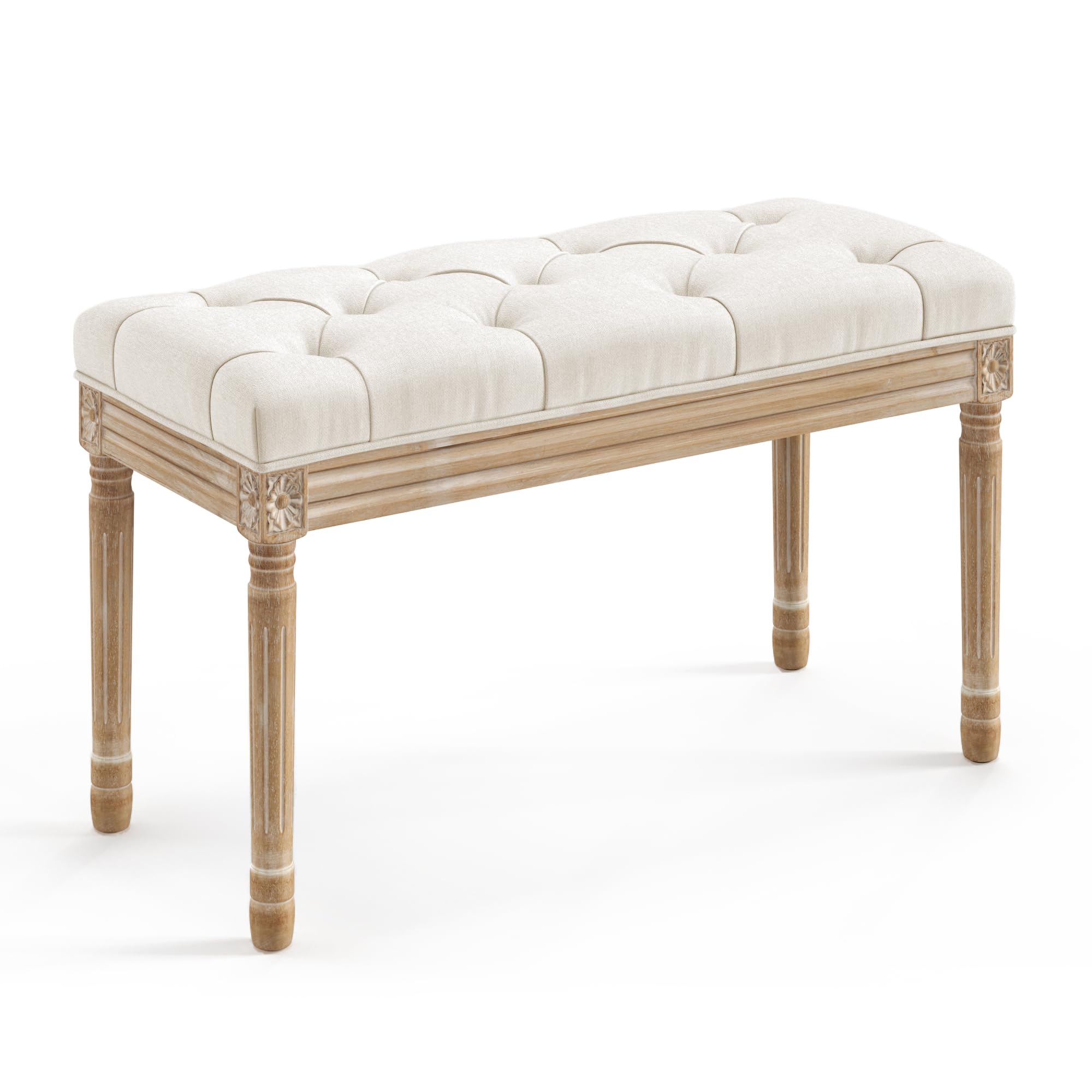 LUE BONA 32" Entryway Bench, Vintage French Tufted End of Bed Bench, Upholstered Fabric Ottoman Bench with Carved Wood Color Legs for Bedroom,Dining Bench Piano Stool for Living Room,Foyer,Beige