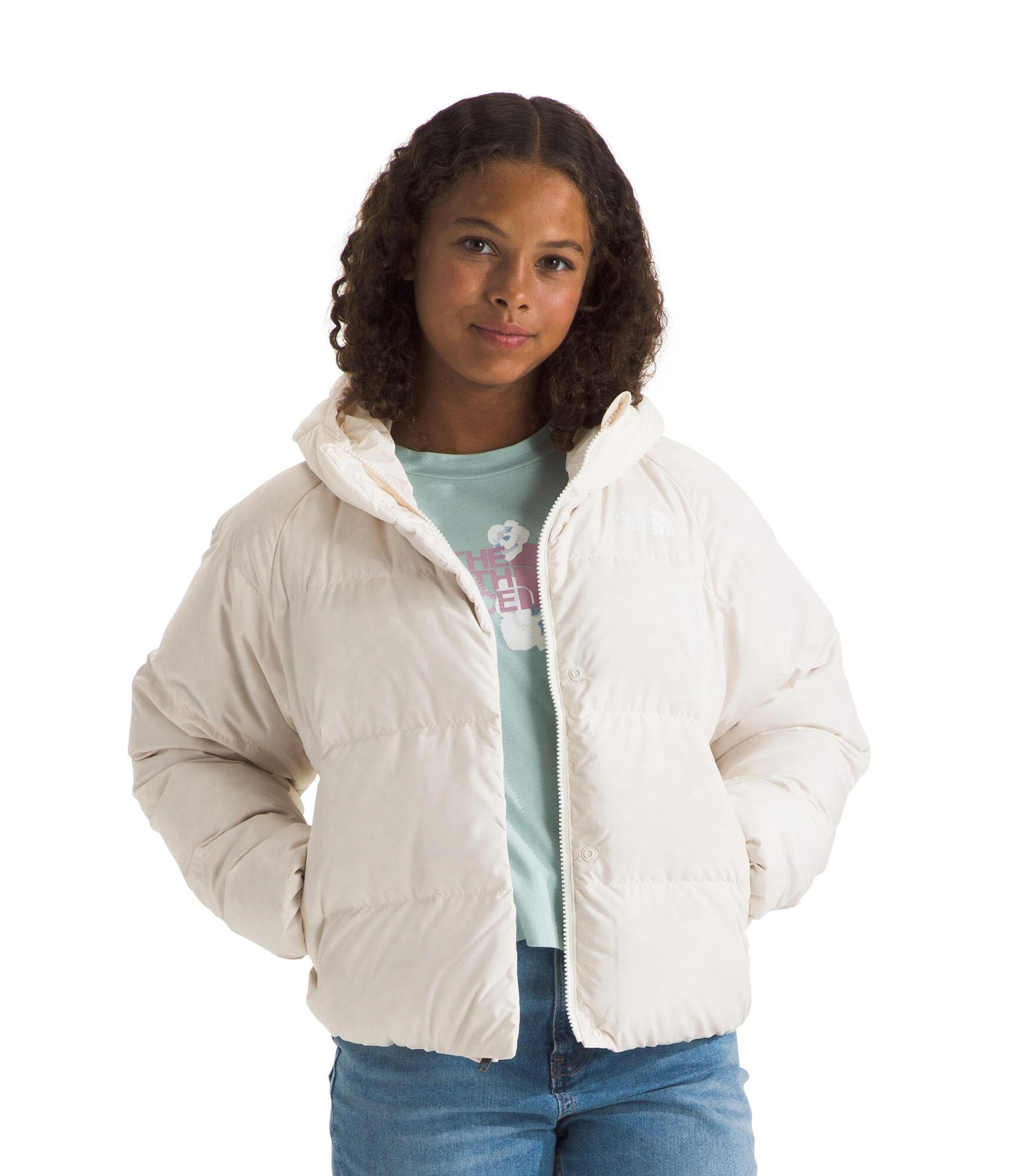 The North Face Kids' Down Hooded Short Puffer Jacket - White Dune QLI - XS