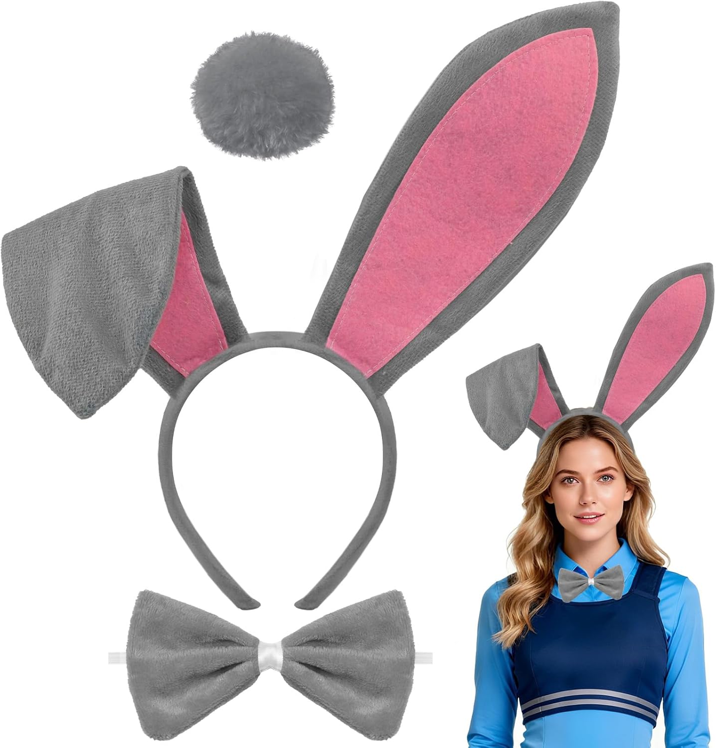 Bunny Ears Headband & Tail Set for Adult Halloween Bunny Cosplay Costume Accessories