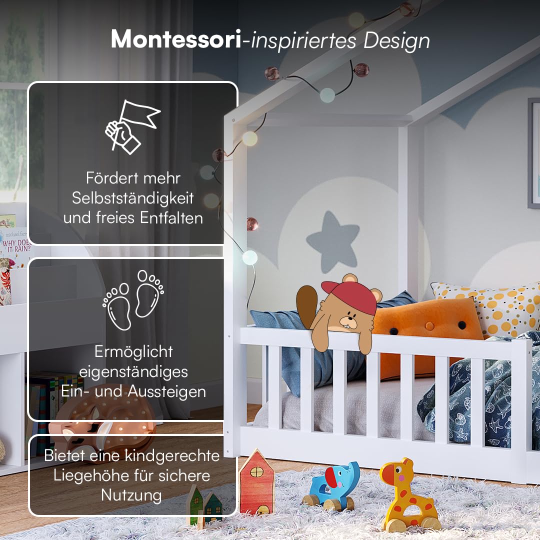 Bellabino Bia Kinderbett 90x200 cm – Bodenbett mit Rausfallschutz & Lattenrost – Hausbett aus Massivholz Kiefer – Montessori Kinder Bett in Weiß für Jungen und Mädchen