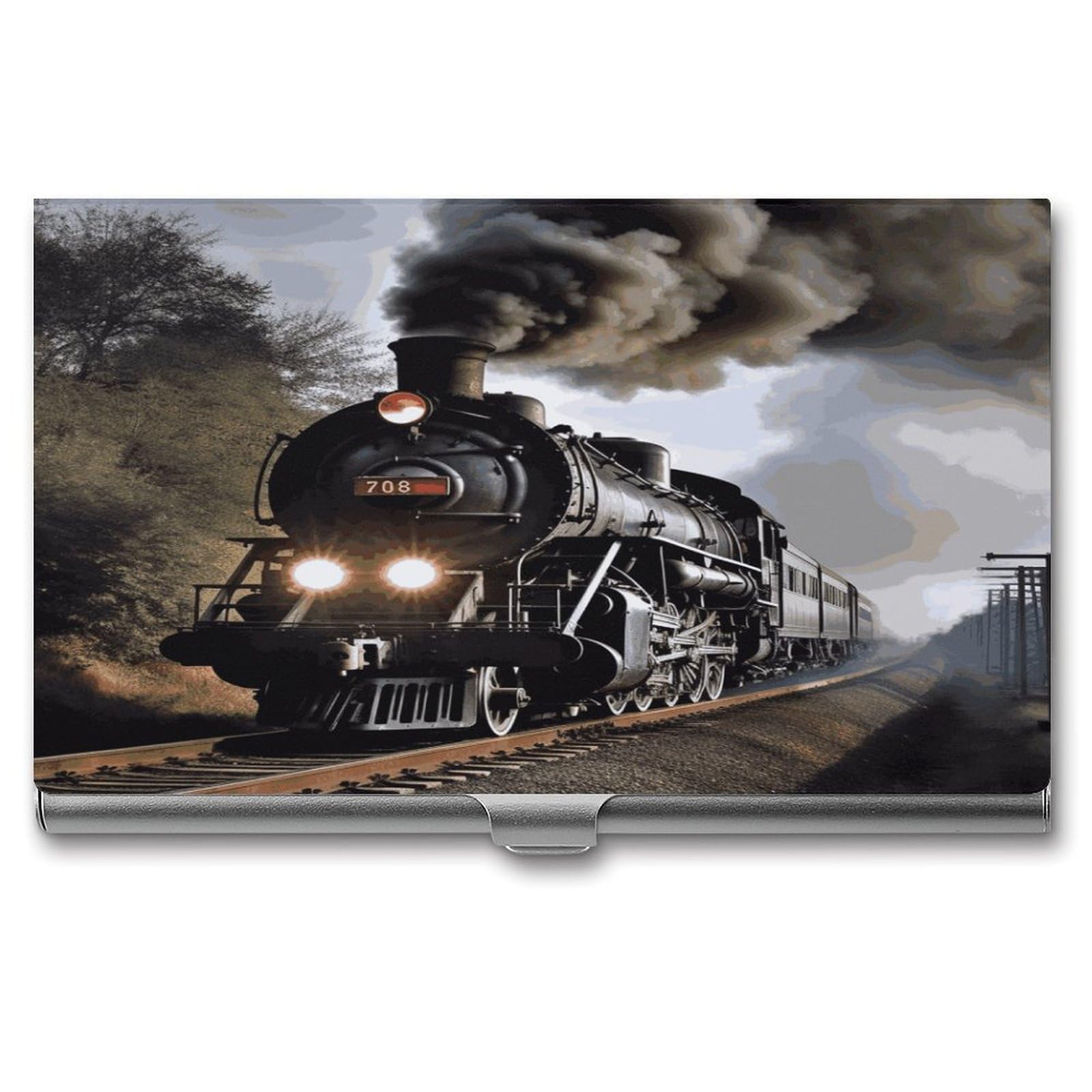Jtrehy Men's Style Steam Train Business Card Holder Slim Purse Name Card Holder Portable Metal Business Card Case Wallet Large Capacity Lightweight Business Card Case For Wo