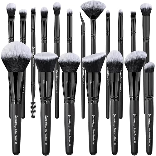 Bueart Design 19Pcs ULTRA SOFT Black labeled DENSE HAIR Makeup Brushes set Contains large powder Flat Foundation Ultimate Blending Make up Brush set Blush Face Brush Concealers contour Eyeshadow